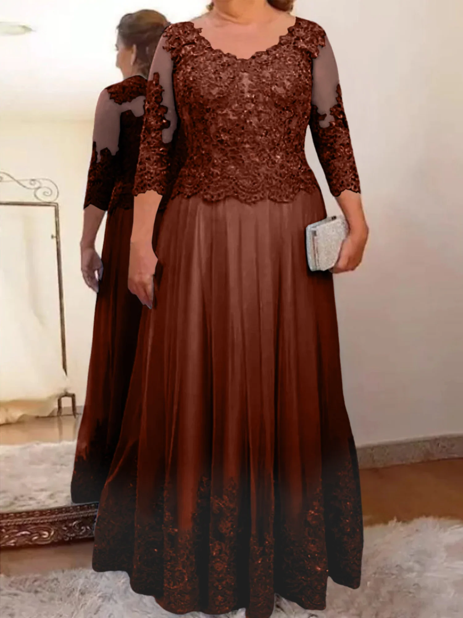 A-Line/Princess Sheer Neck 3/4 Length Sleeves Floor-Length Mother of the Bride Dresses with Applique - Image 35