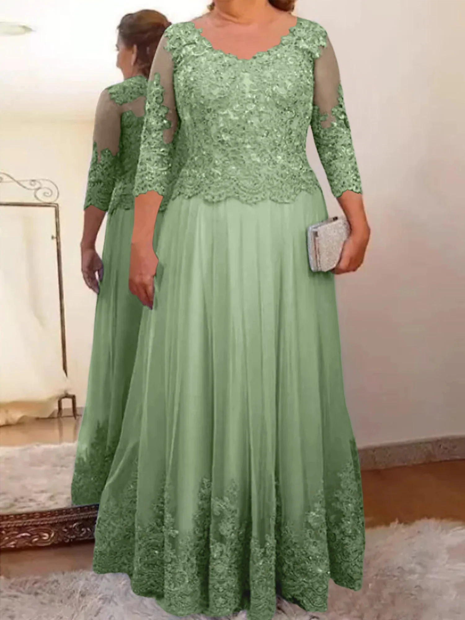 A-Line/Princess Sheer Neck 3/4 Length Sleeves Floor-Length Mother of the Bride Dresses with Applique - Image 36