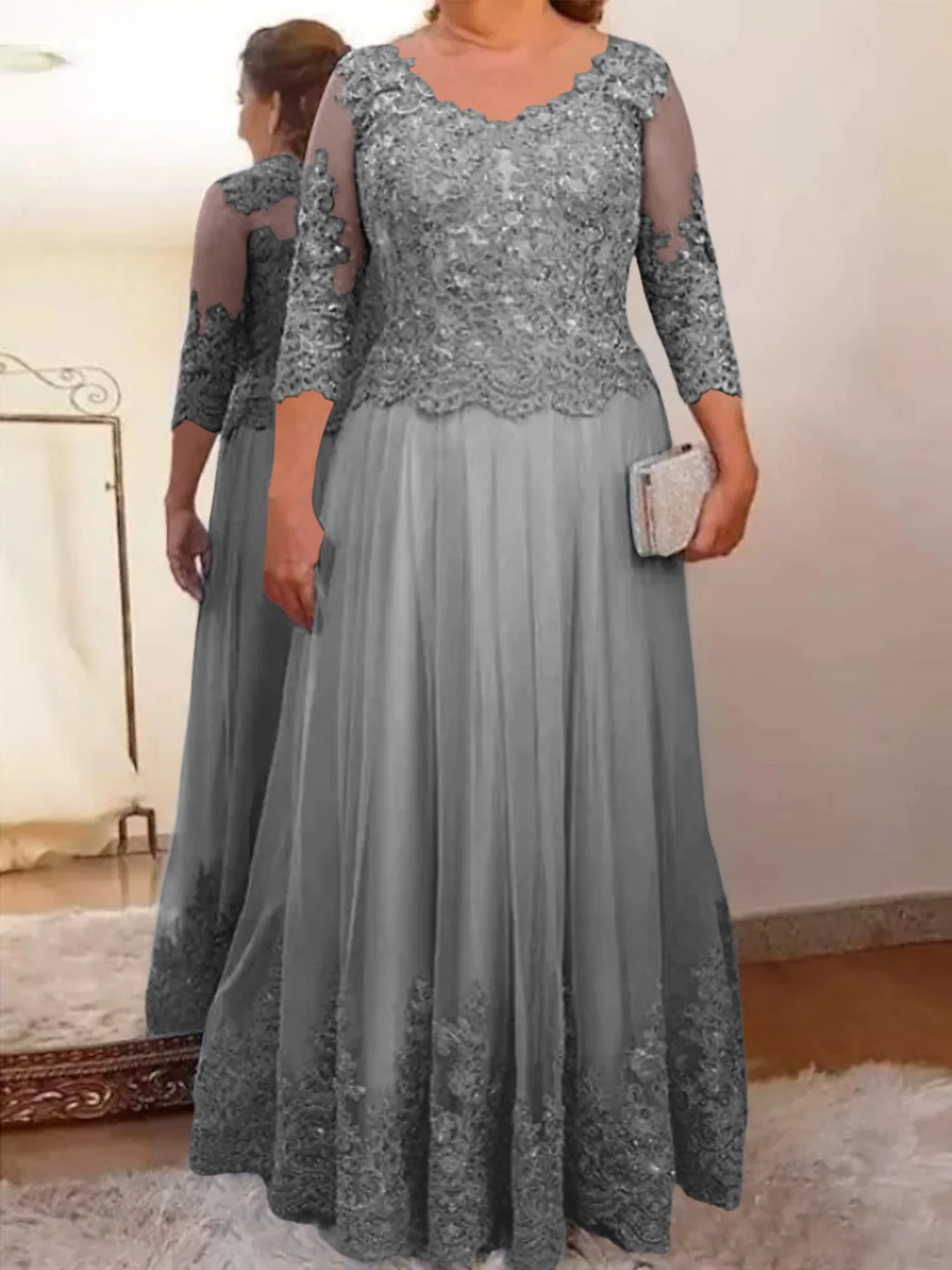 A-Line/Princess Sheer Neck 3/4 Length Sleeves Floor-Length Mother of the Bride Dresses with Applique - Image 37