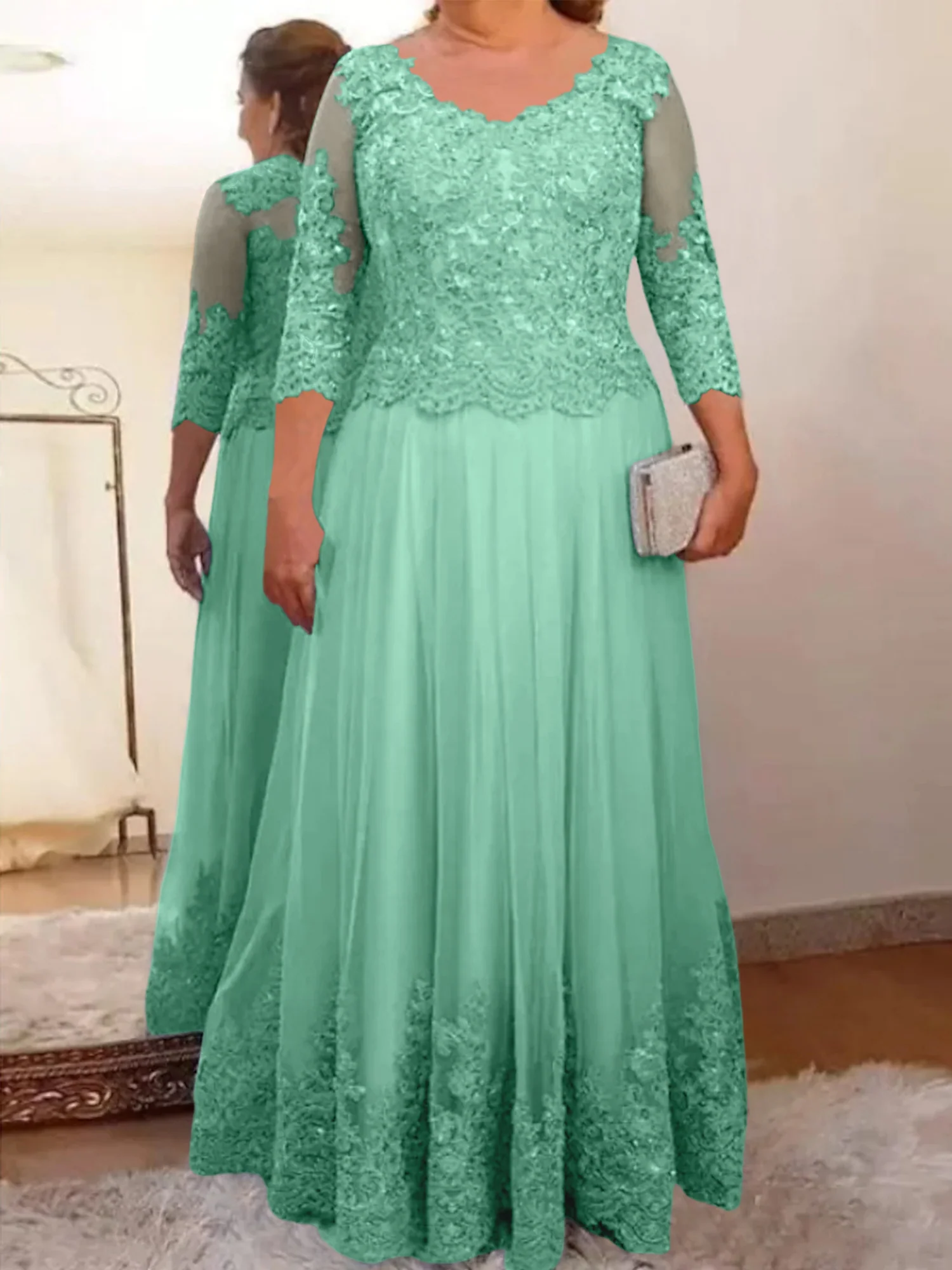A-Line/Princess Sheer Neck 3/4 Length Sleeves Floor-Length Mother of the Bride Dresses with Applique - Image 38