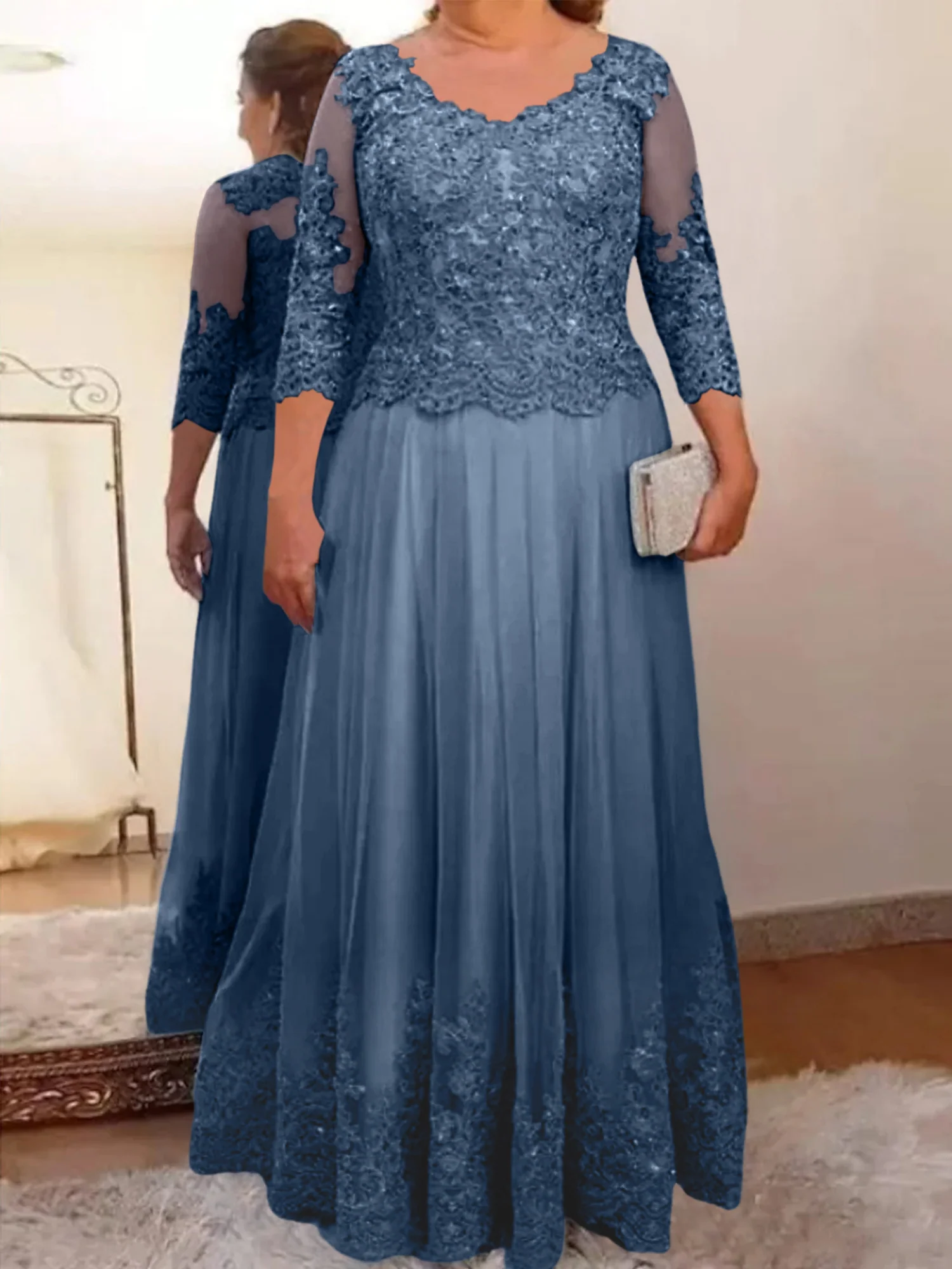 A-Line/Princess Sheer Neck 3/4 Length Sleeves Floor-Length Mother of the Bride Dresses with Applique - Image 39