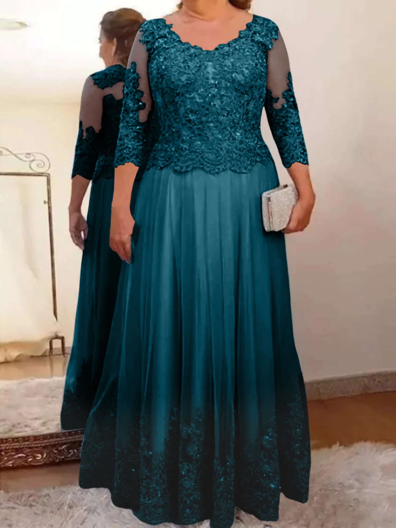 A-Line/Princess Sheer Neck 3/4 Length Sleeves Floor-Length Mother of the Bride Dresses with Applique - Image 41