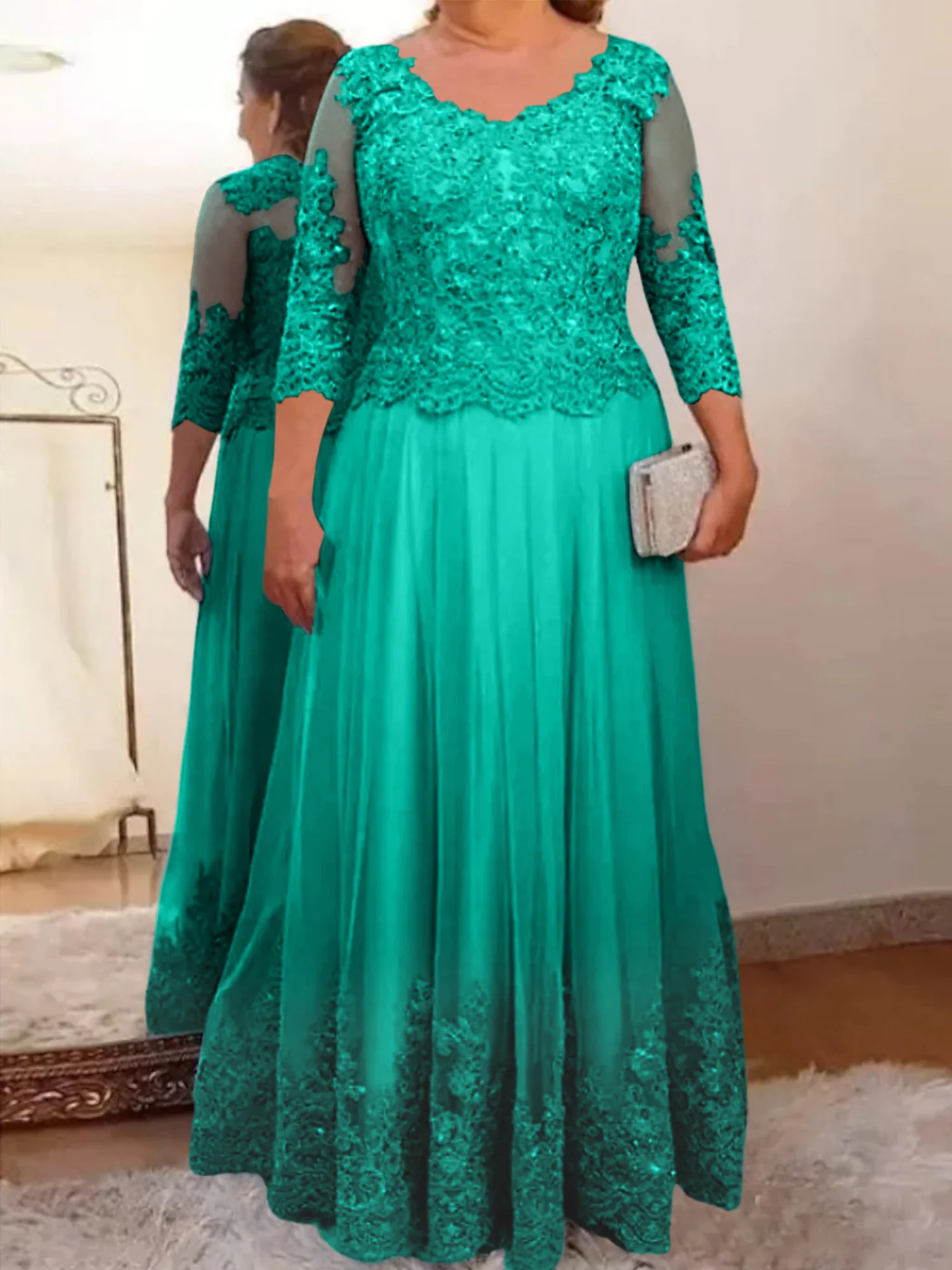A-Line/Princess Sheer Neck 3/4 Length Sleeves Floor-Length Mother of the Bride Dresses with Applique - Image 42