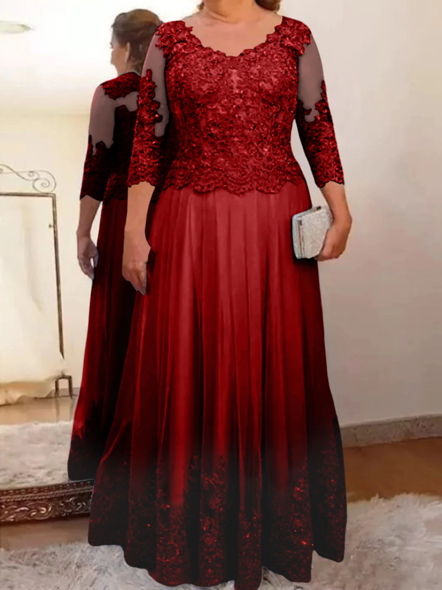 A-Line/Princess Sheer Neck 3/4 Length Sleeves Floor-Length Mother of the Bride Dresses with Applique - Image 43