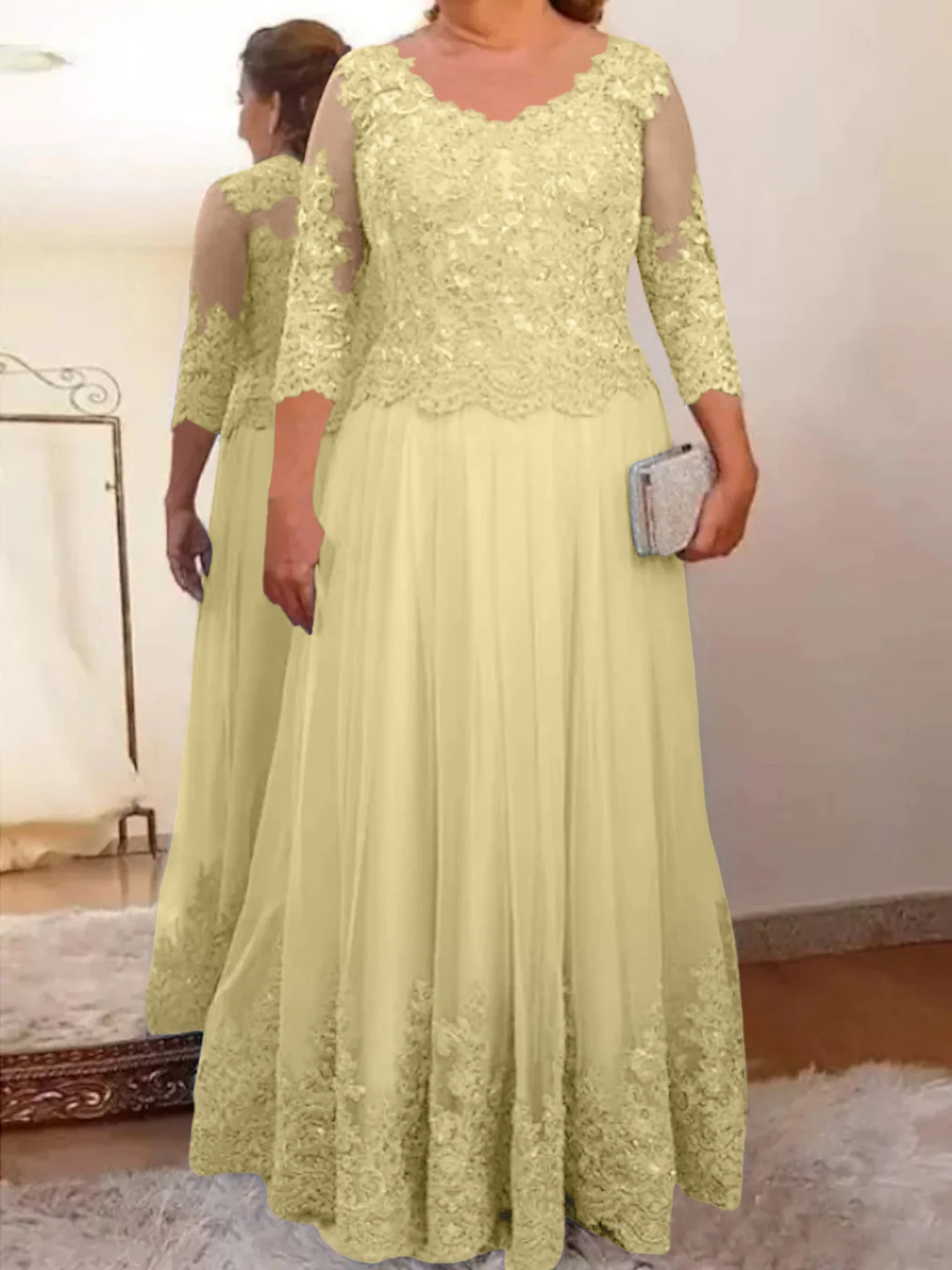 A-Line/Princess Sheer Neck 3/4 Length Sleeves Floor-Length Mother of the Bride Dresses with Applique - Image 44