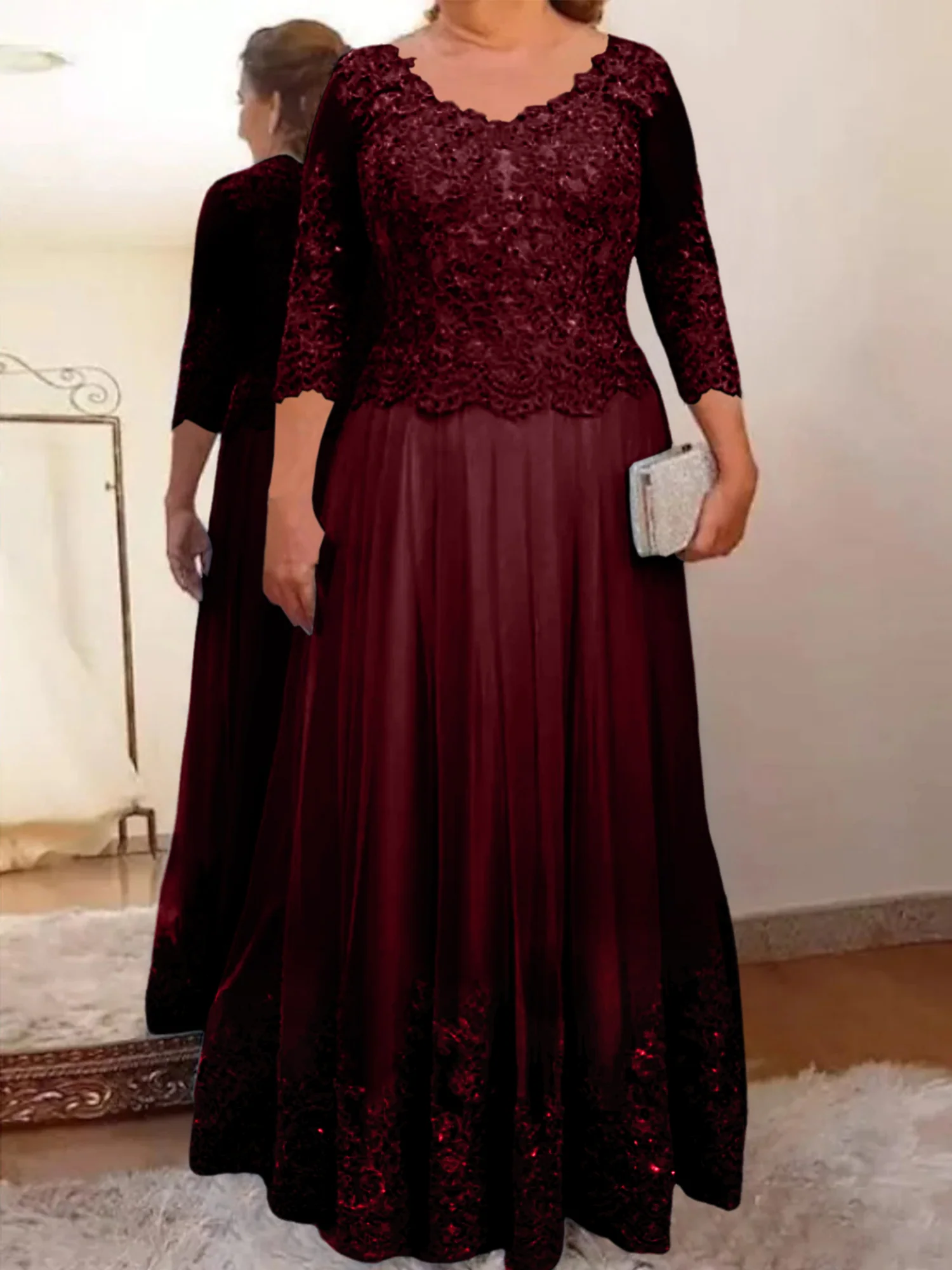 A-Line/Princess Sheer Neck 3/4 Length Sleeves Floor-Length Mother of the Bride Dresses with Applique - Image 46