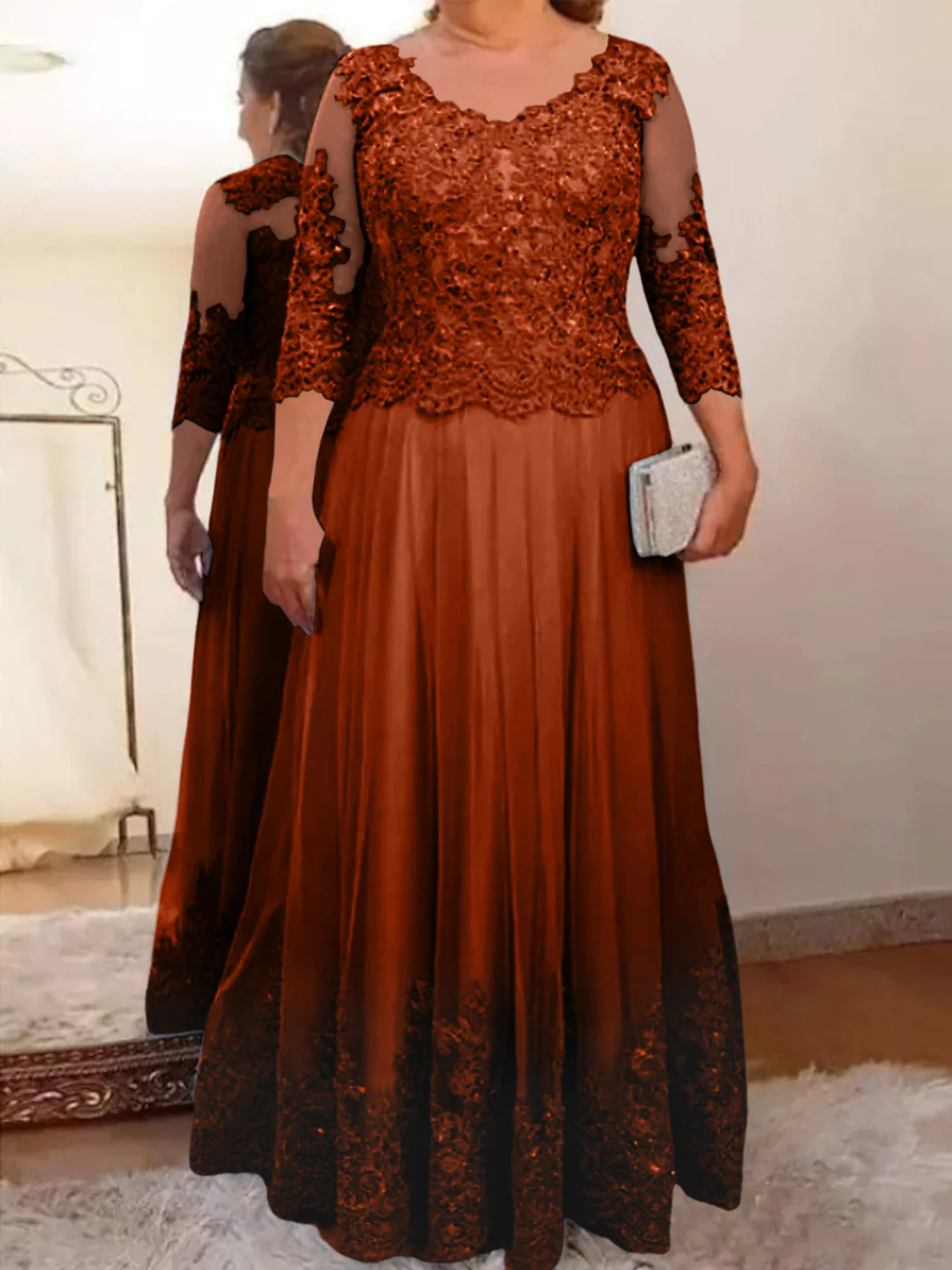 A-Line/Princess Sheer Neck 3/4 Length Sleeves Floor-Length Mother of the Bride Dresses with Applique - Image 47