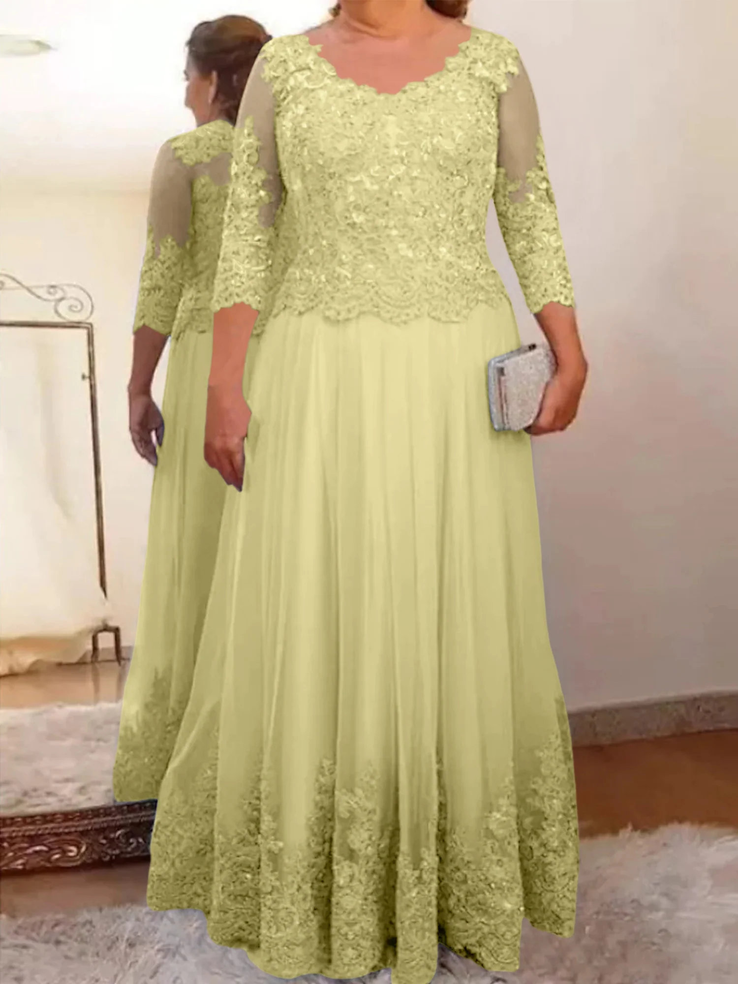 A-Line/Princess Sheer Neck 3/4 Length Sleeves Floor-Length Mother of the Bride Dresses with Applique - Image 48