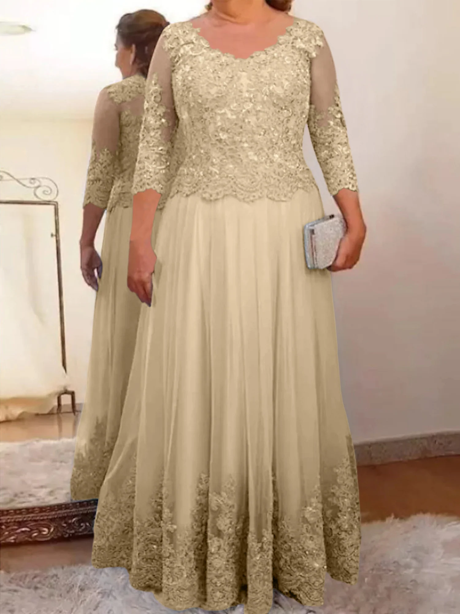 A-Line/Princess Sheer Neck 3/4 Length Sleeves Floor-Length Mother of the Bride Dresses with Applique - Image 49