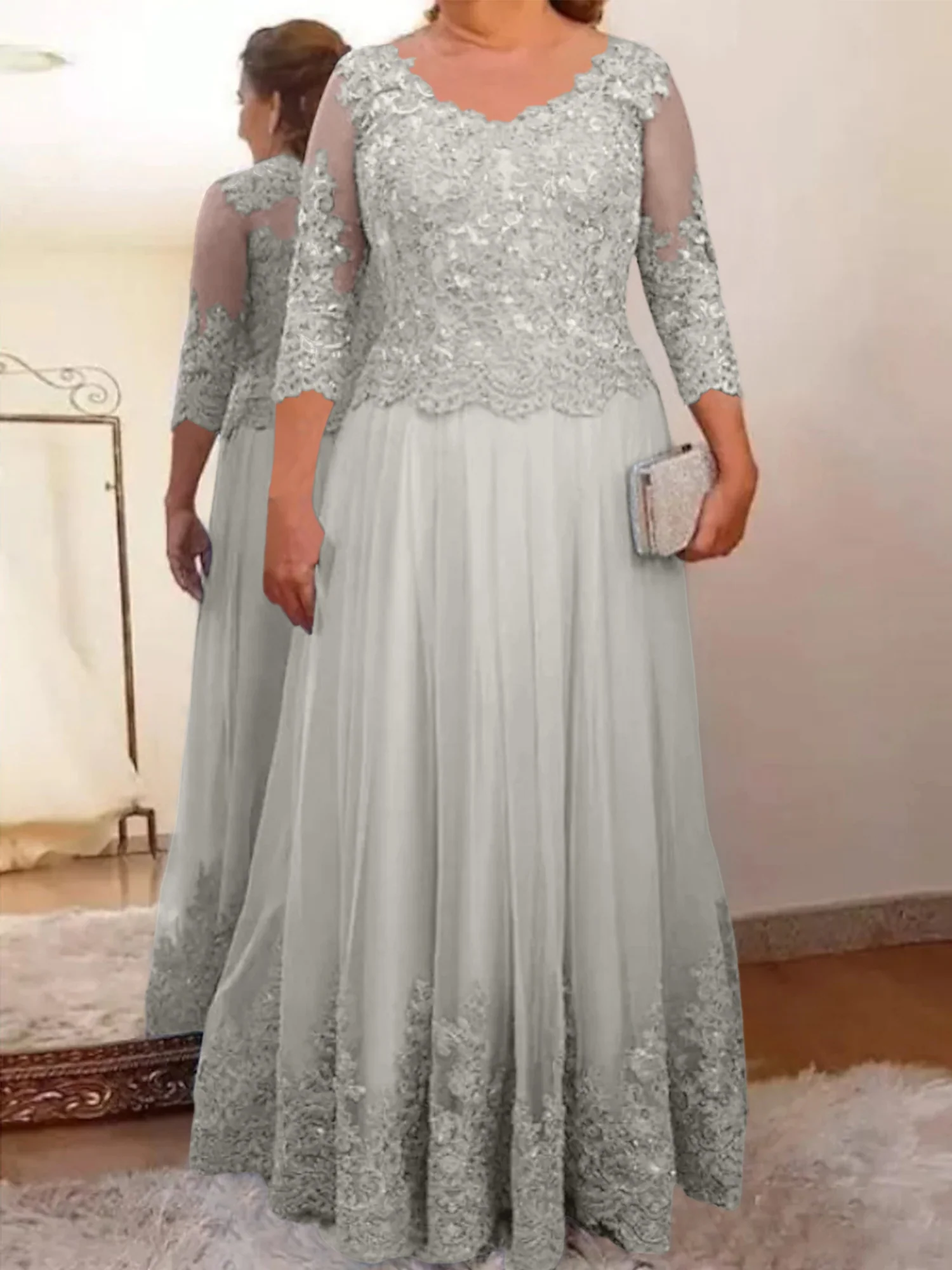 A-Line/Princess Sheer Neck 3/4 Length Sleeves Floor-Length Mother of the Bride Dresses with Applique - Image 5