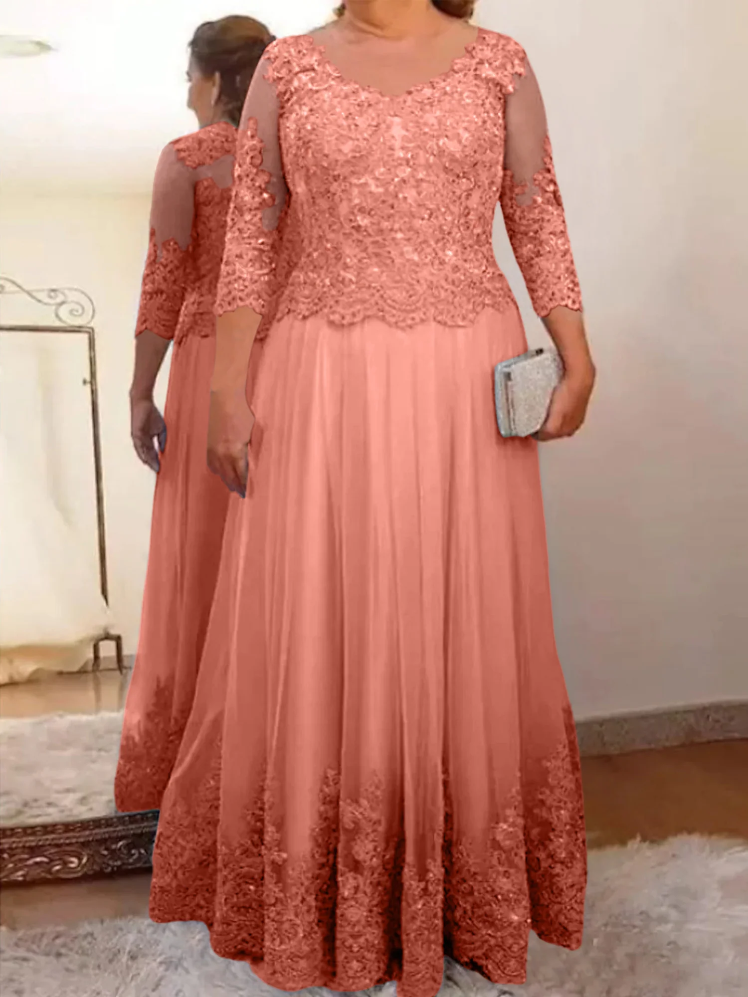 A-Line/Princess Sheer Neck 3/4 Length Sleeves Floor-Length Mother of the Bride Dresses with Applique - Image 50