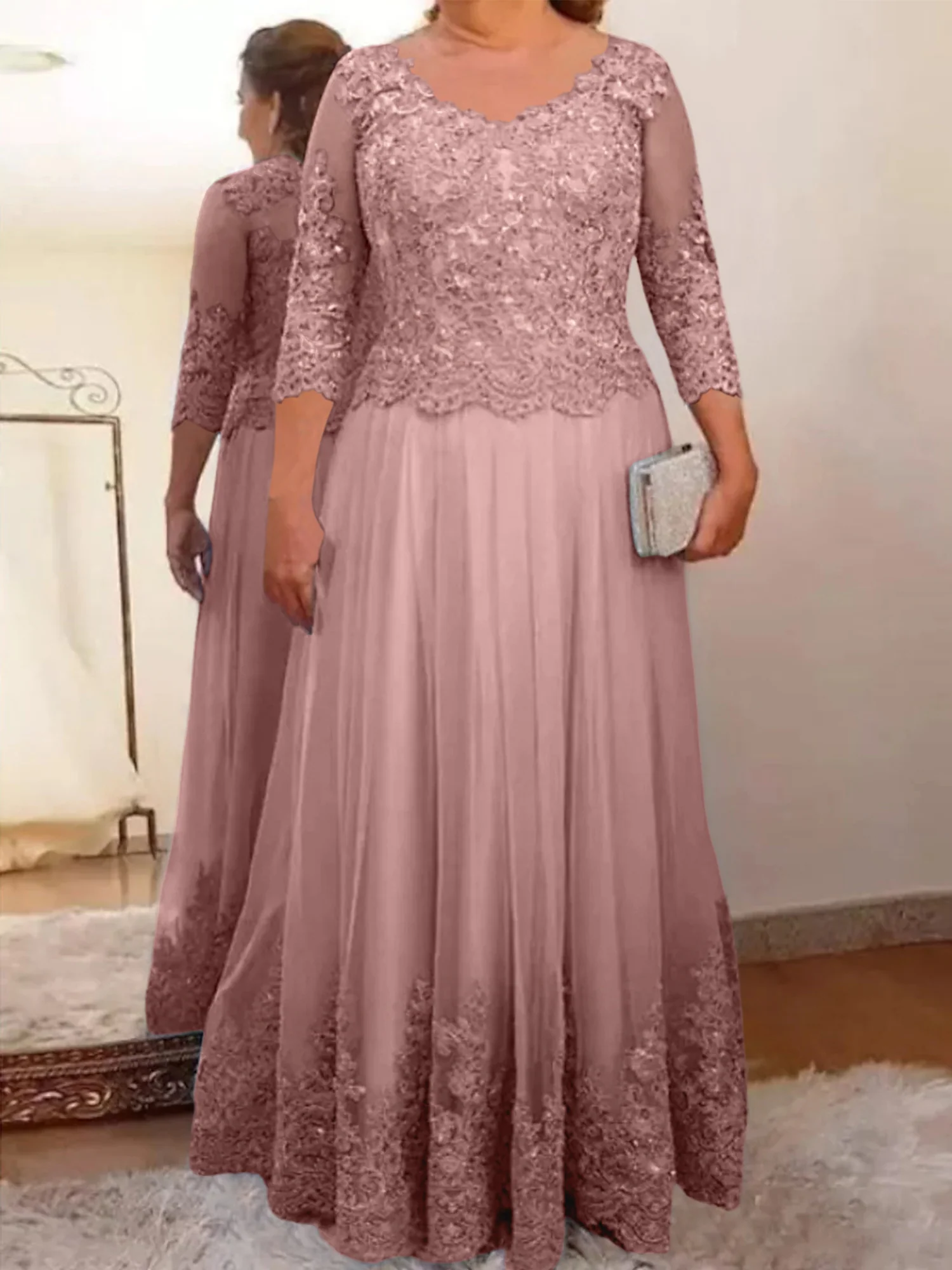 A-Line/Princess Sheer Neck 3/4 Length Sleeves Floor-Length Mother of the Bride Dresses with Applique - Image 52