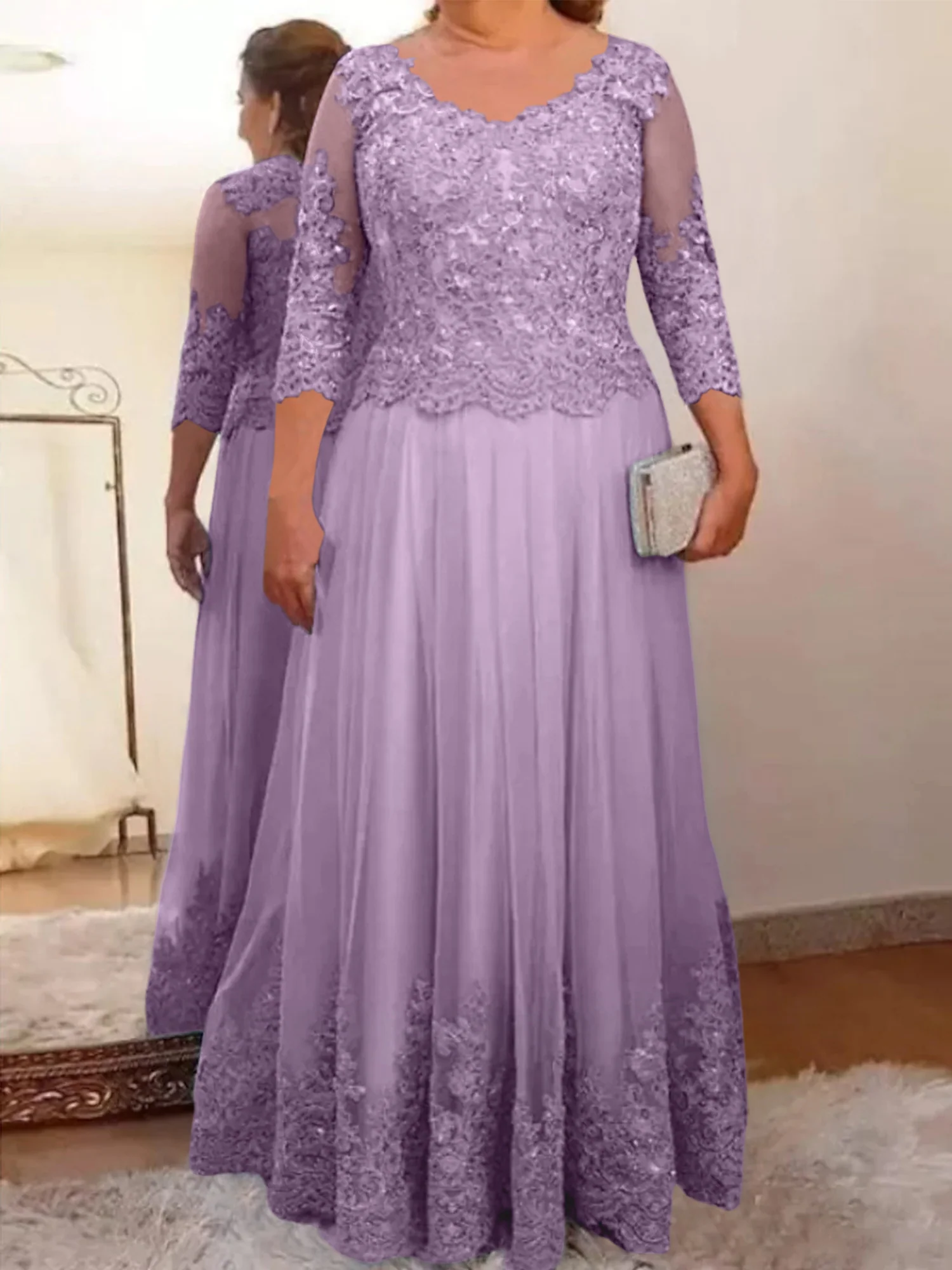 A-Line/Princess Sheer Neck 3/4 Length Sleeves Floor-Length Mother of the Bride Dresses with Applique - Image 53