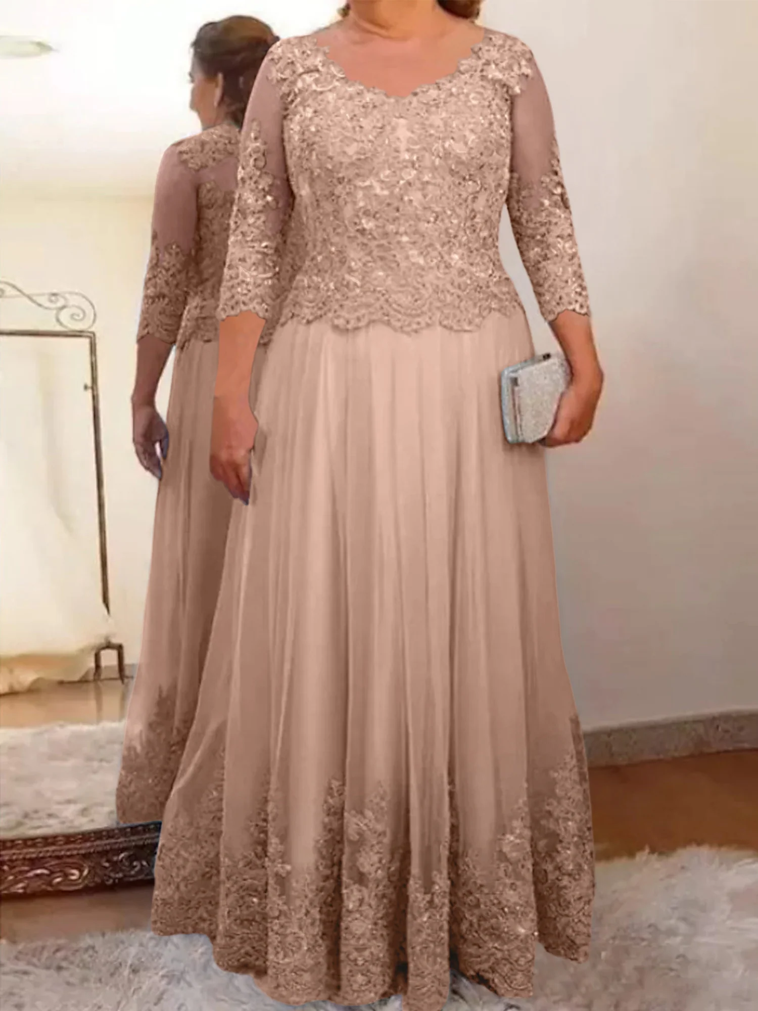 A-Line/Princess Sheer Neck 3/4 Length Sleeves Floor-Length Mother of the Bride Dresses with Applique - Image 54