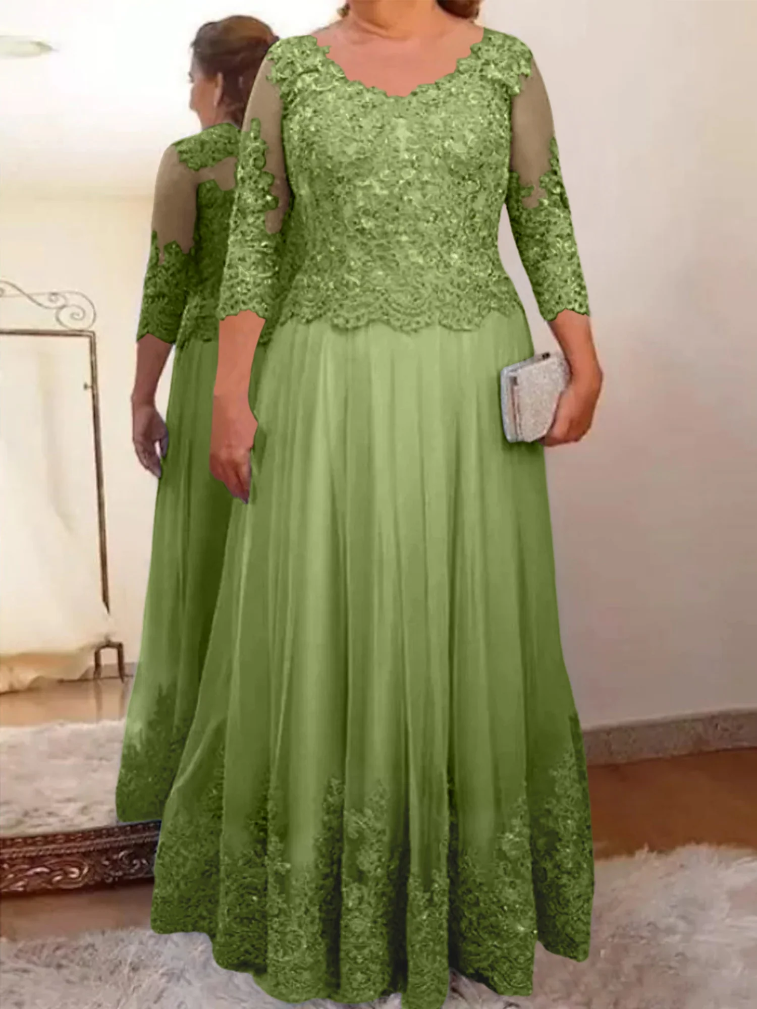A-Line/Princess Sheer Neck 3/4 Length Sleeves Floor-Length Mother of the Bride Dresses with Applique - Image 55