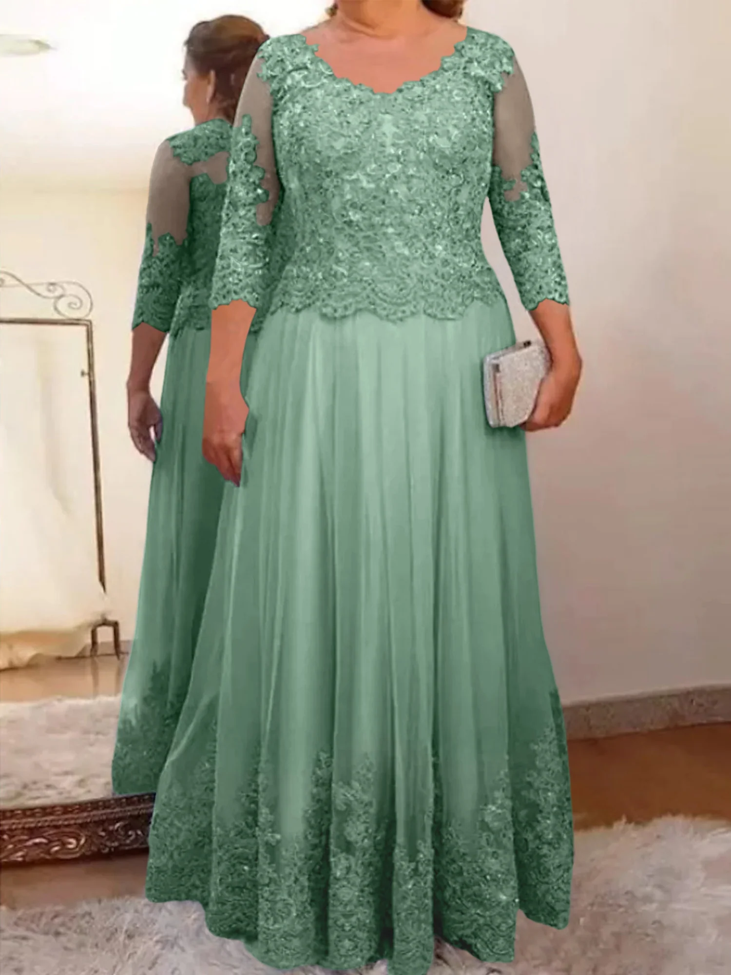 A-Line/Princess Sheer Neck 3/4 Length Sleeves Floor-Length Mother of the Bride Dresses with Applique - Image 57