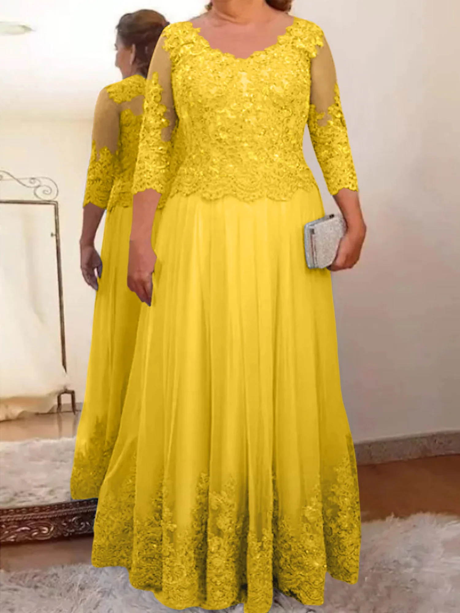 A-Line/Princess Sheer Neck 3/4 Length Sleeves Floor-Length Mother of the Bride Dresses with Applique - Image 58