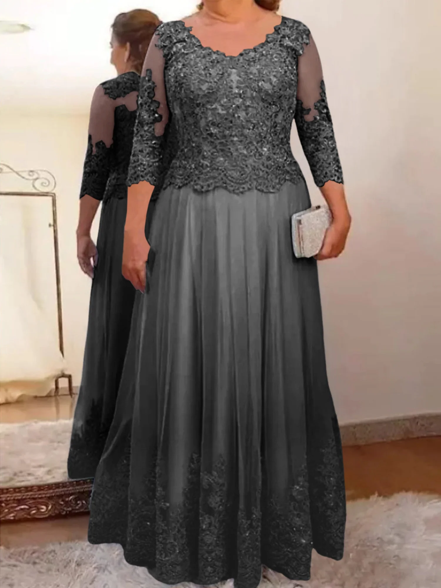 A-Line/Princess Sheer Neck 3/4 Length Sleeves Floor-Length Mother of the Bride Dresses with Applique - Image 59