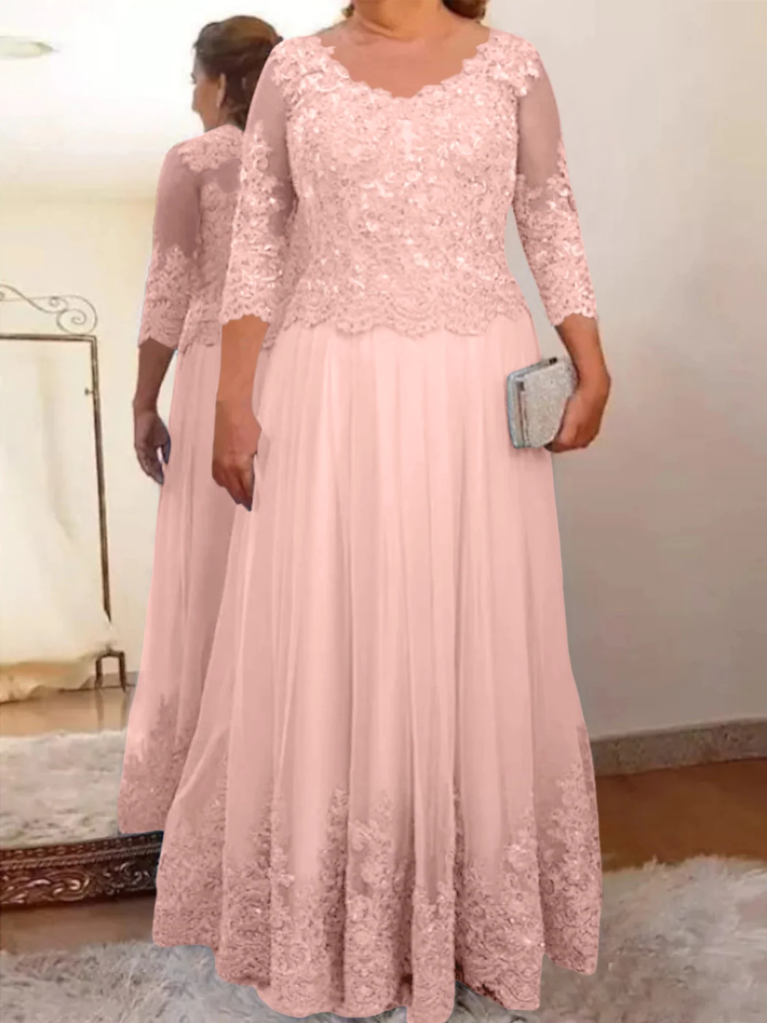 A-Line/Princess Sheer Neck 3/4 Length Sleeves Floor-Length Mother of the Bride Dresses with Applique - Image 6