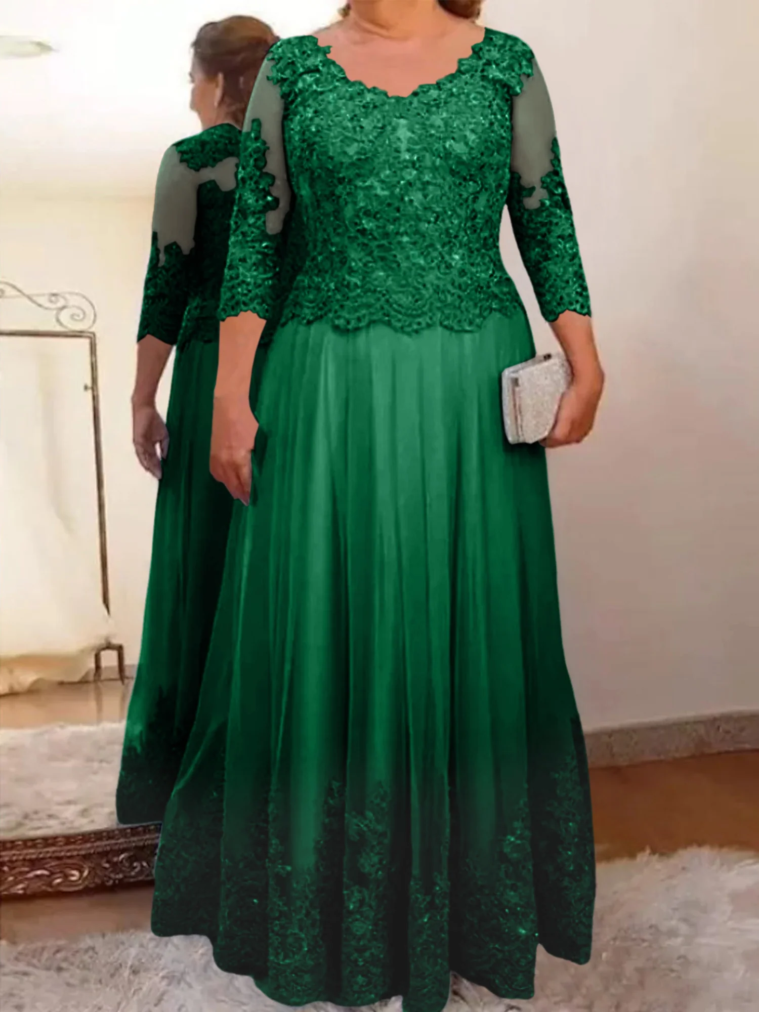 A-Line/Princess Sheer Neck 3/4 Length Sleeves Floor-Length Mother of the Bride Dresses with Applique - Image 60