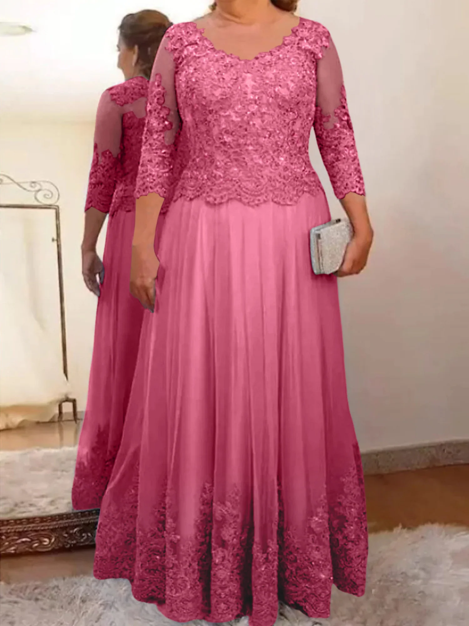 A-Line/Princess Sheer Neck 3/4 Length Sleeves Floor-Length Mother of the Bride Dresses with Applique - Image 61