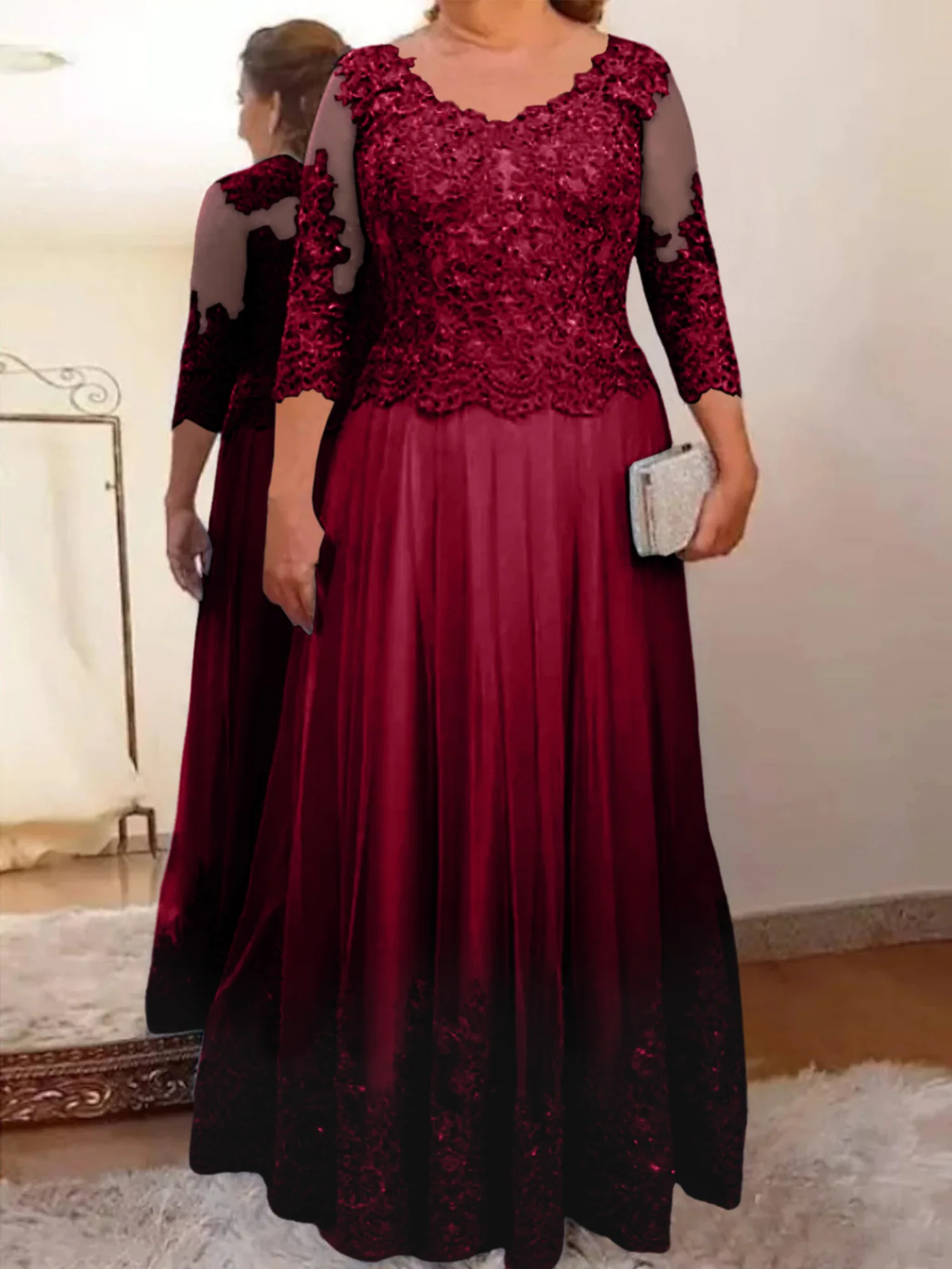 A-Line/Princess Sheer Neck 3/4 Length Sleeves Floor-Length Mother of the Bride Dresses with Applique - Image 63