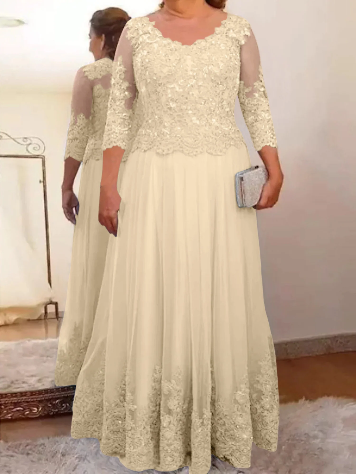A-Line/Princess Sheer Neck 3/4 Length Sleeves Floor-Length Mother of the Bride Dresses with Applique - Image 64