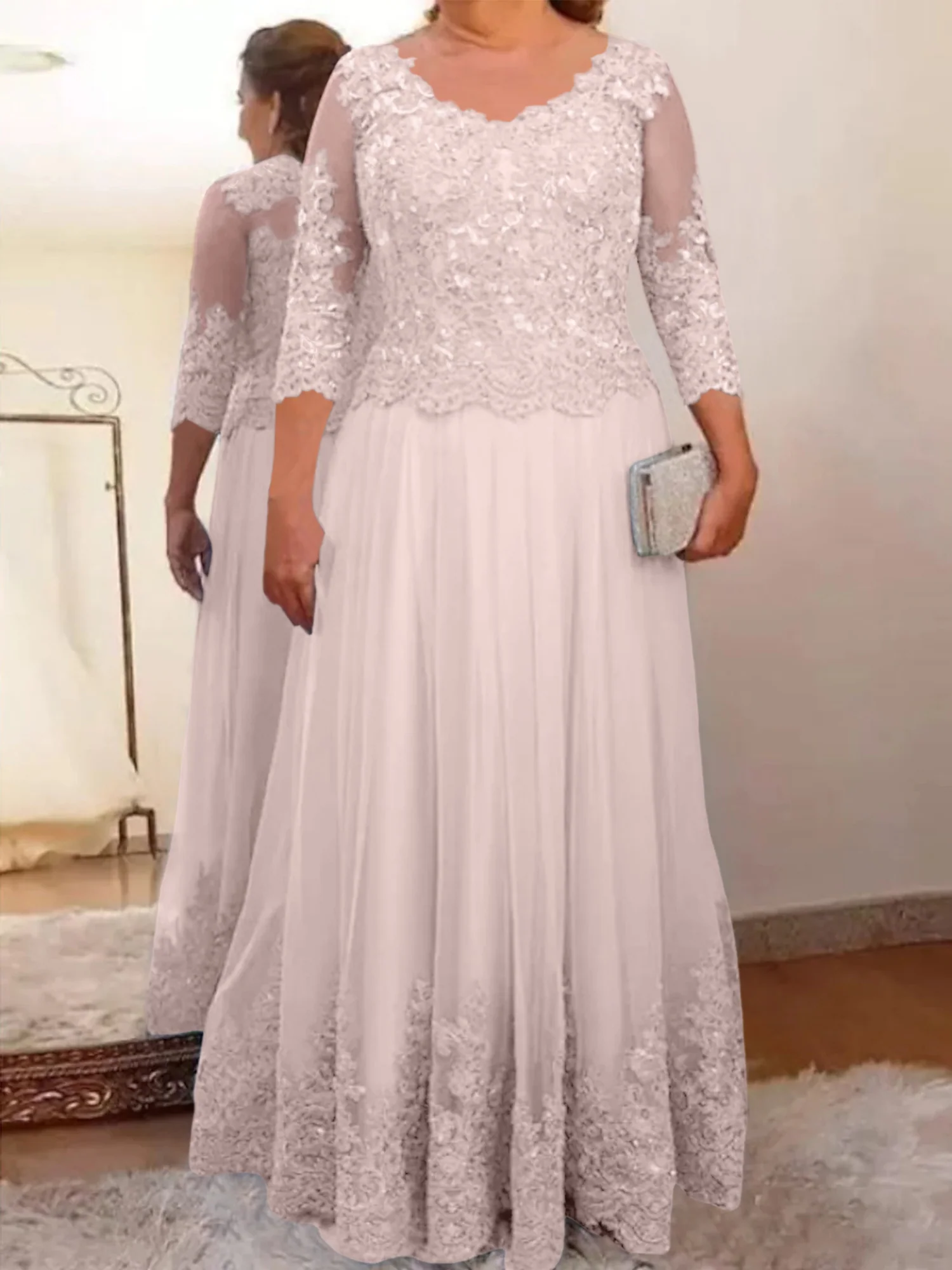A-Line/Princess Sheer Neck 3/4 Length Sleeves Floor-Length Mother of the Bride Dresses with Applique - Image 65
