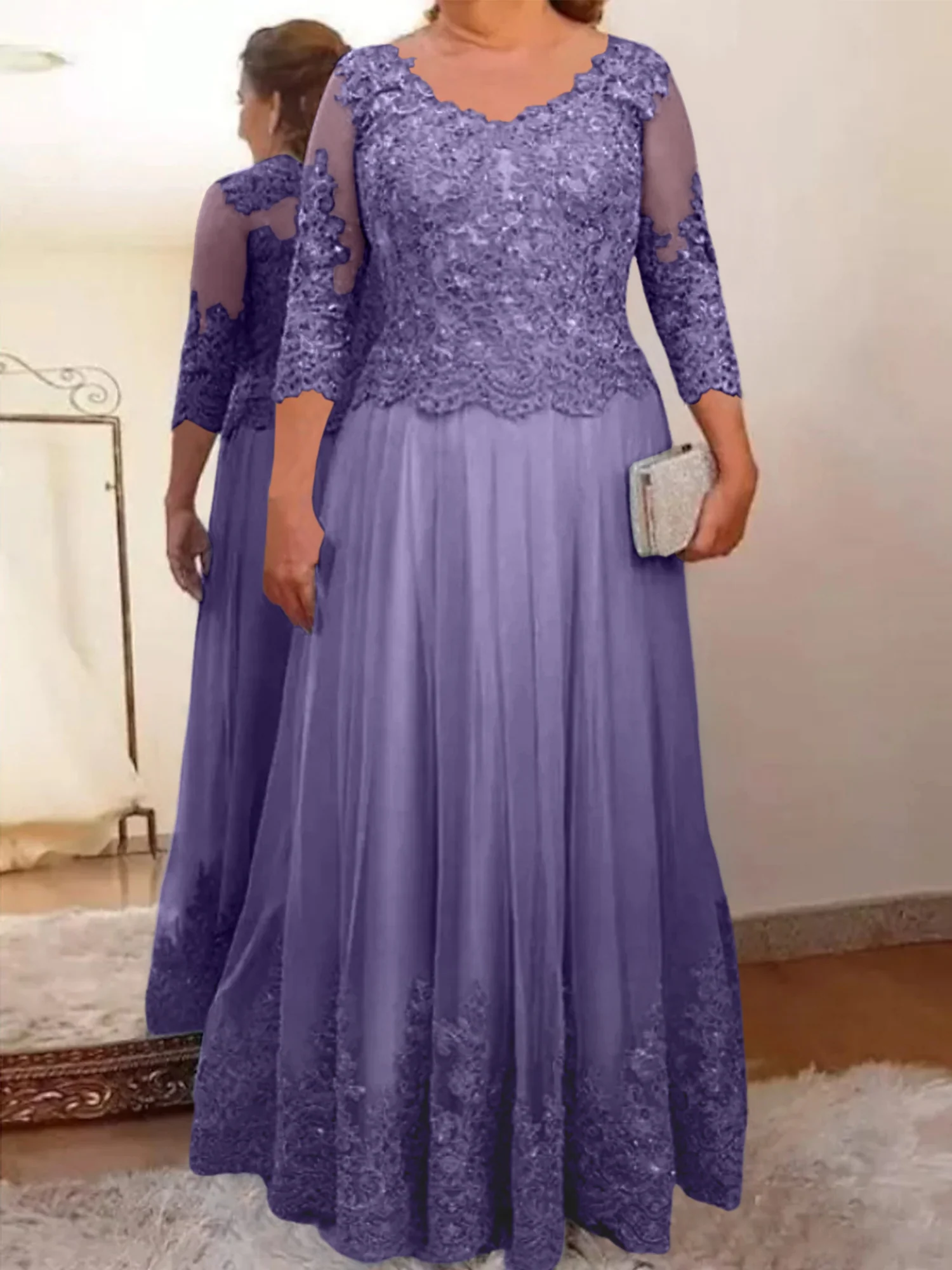 A-Line/Princess Sheer Neck 3/4 Length Sleeves Floor-Length Mother of the Bride Dresses with Applique - Image 66