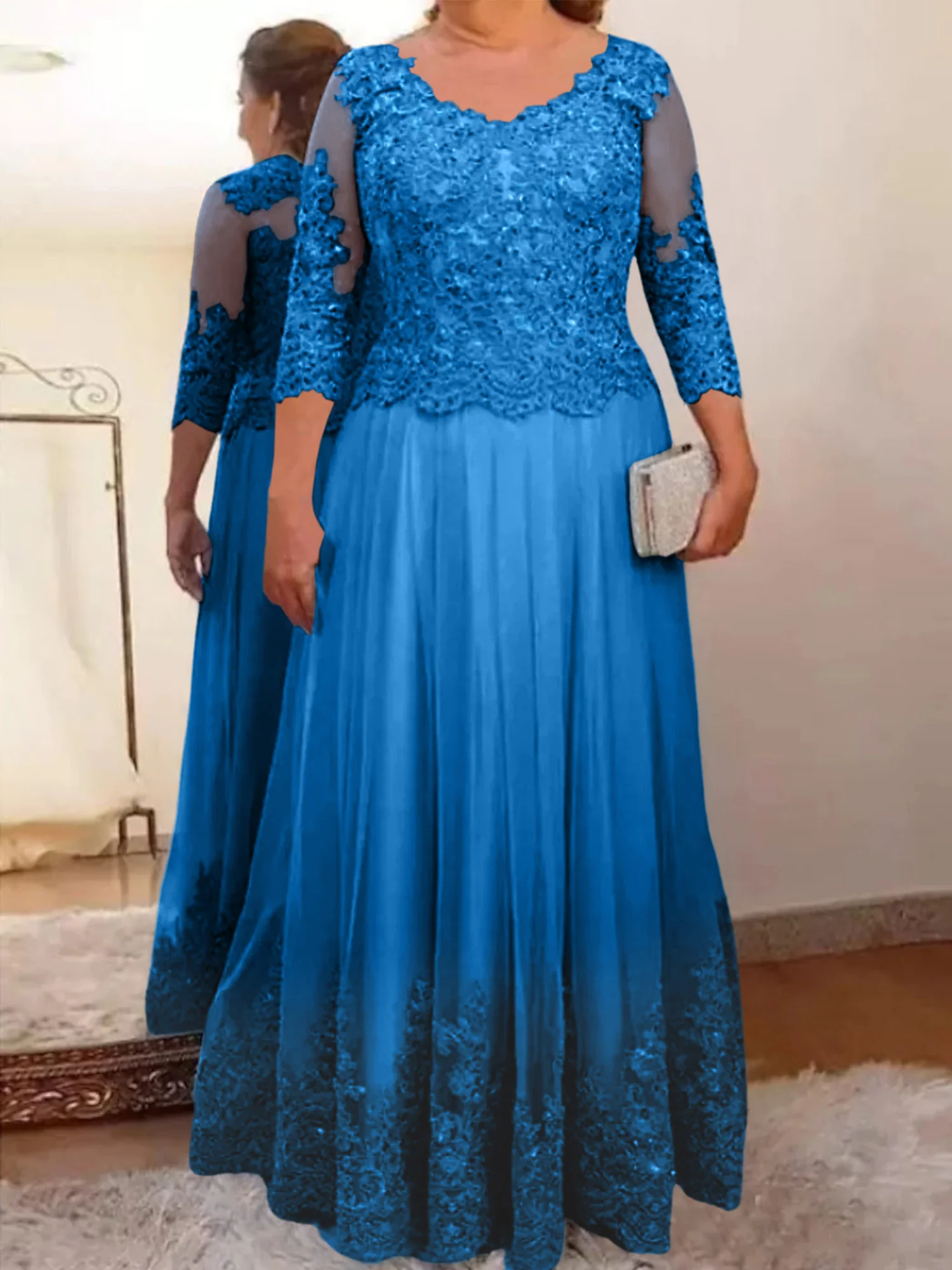 A-Line/Princess Sheer Neck 3/4 Length Sleeves Floor-Length Mother of the Bride Dresses with Applique - Image 67
