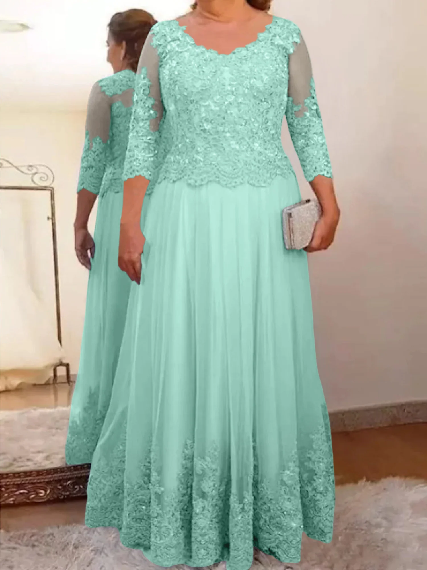 A-Line/Princess Sheer Neck 3/4 Length Sleeves Floor-Length Mother of the Bride Dresses with Applique - Image 68