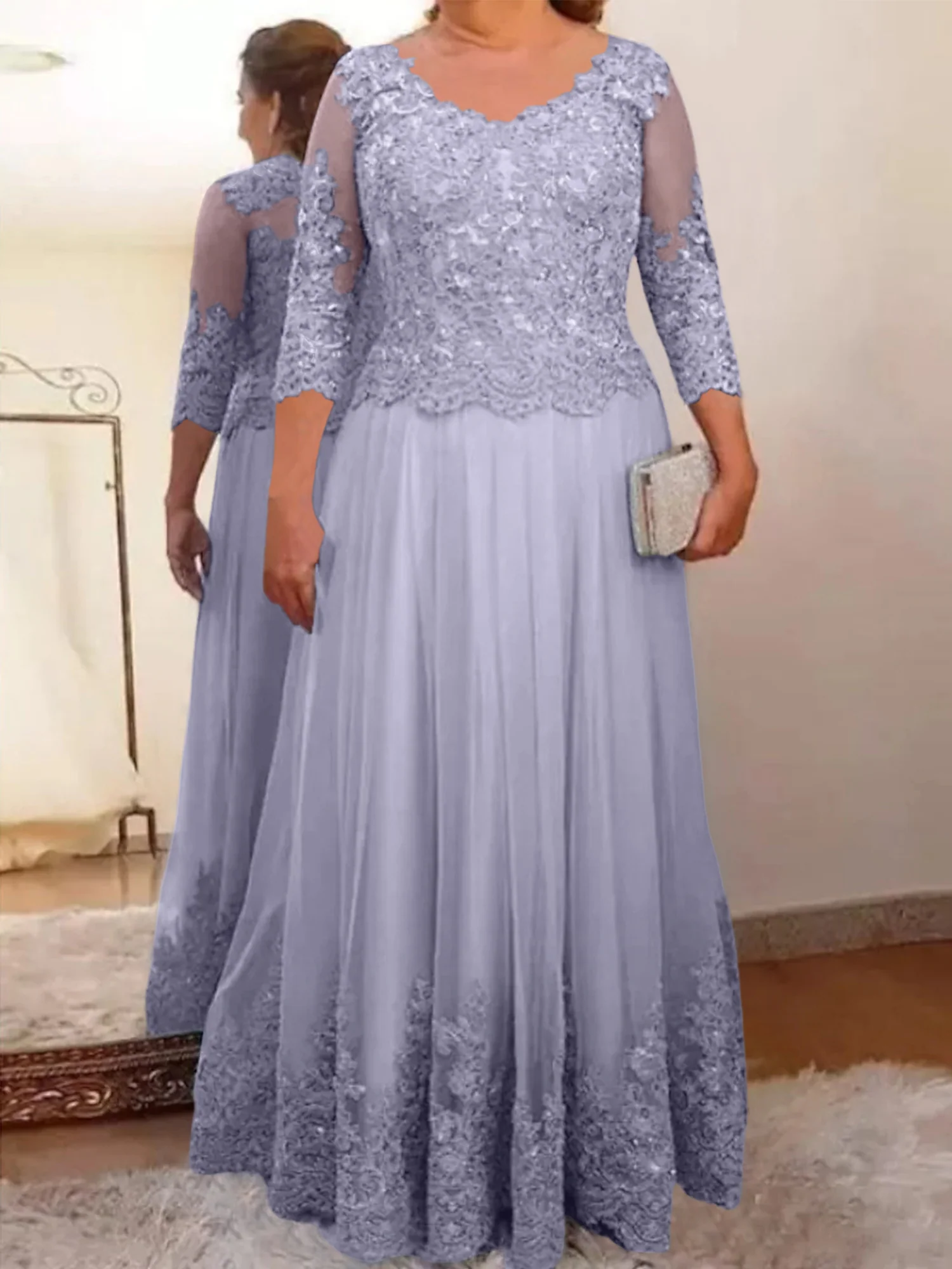 A-Line/Princess Sheer Neck 3/4 Length Sleeves Floor-Length Mother of the Bride Dresses with Applique - Image 69