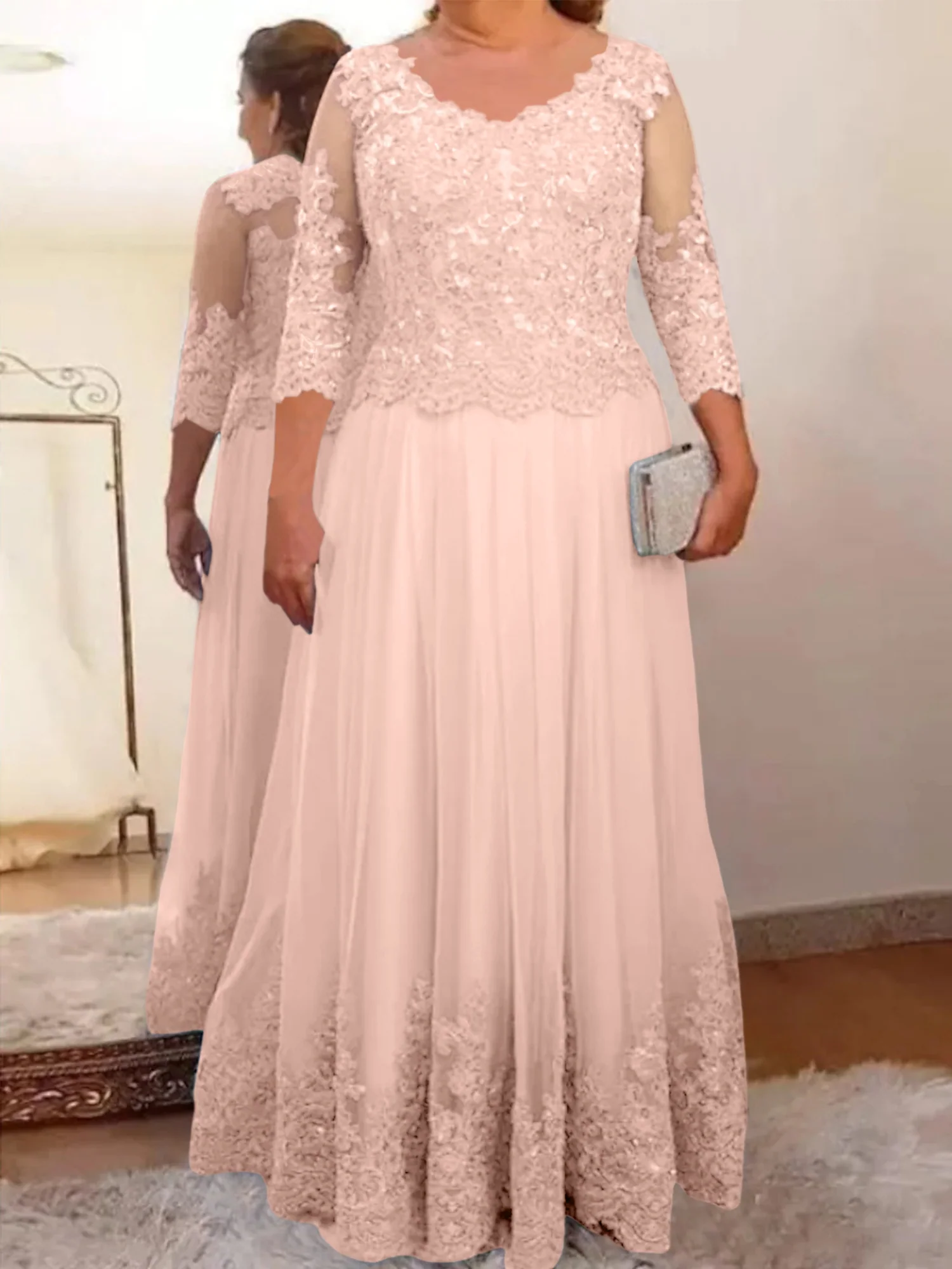 A-Line/Princess Sheer Neck 3/4 Length Sleeves Floor-Length Mother of the Bride Dresses with Applique - Image 7