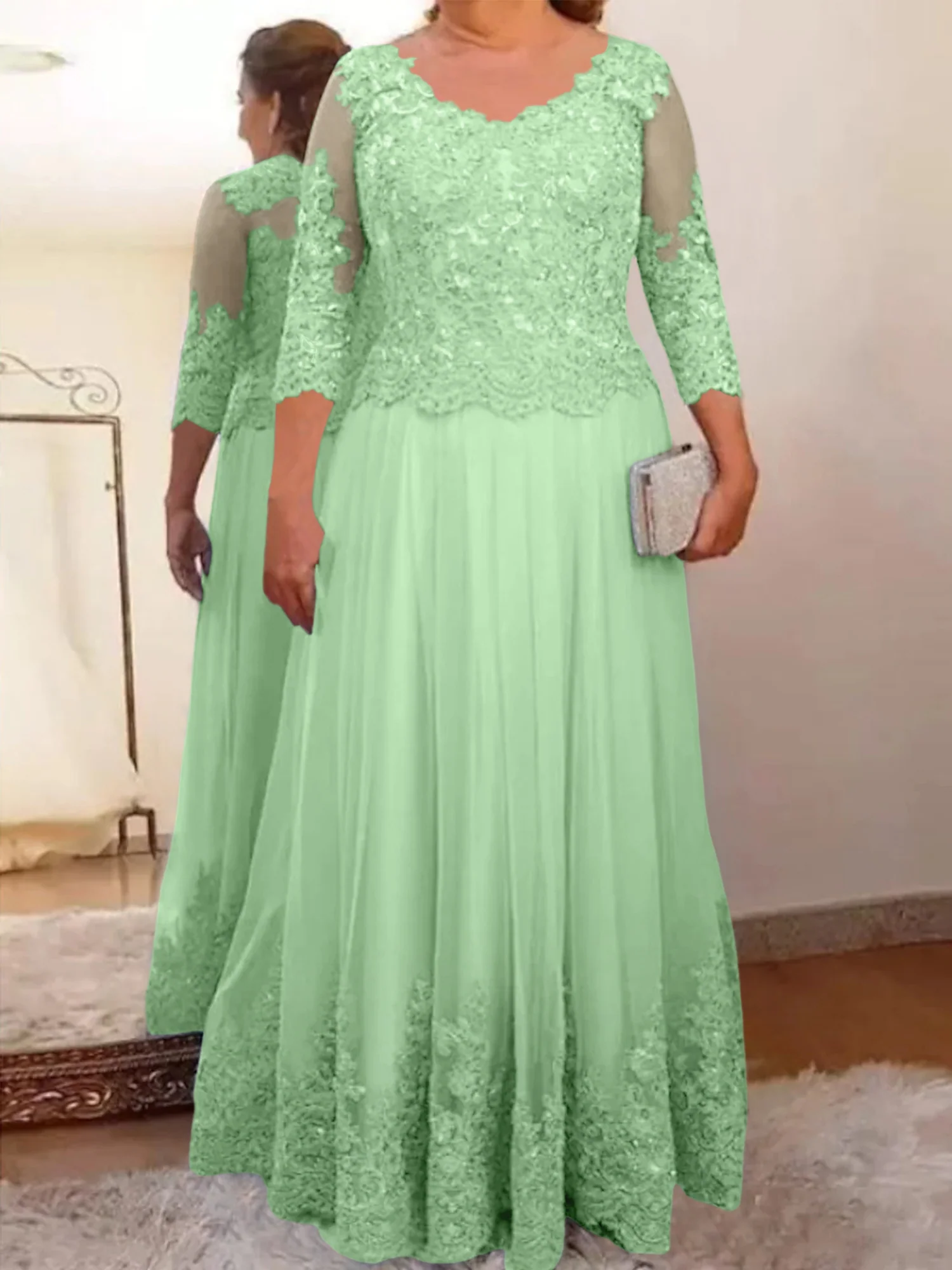 A-Line/Princess Sheer Neck 3/4 Length Sleeves Floor-Length Mother of the Bride Dresses with Applique - Image 70