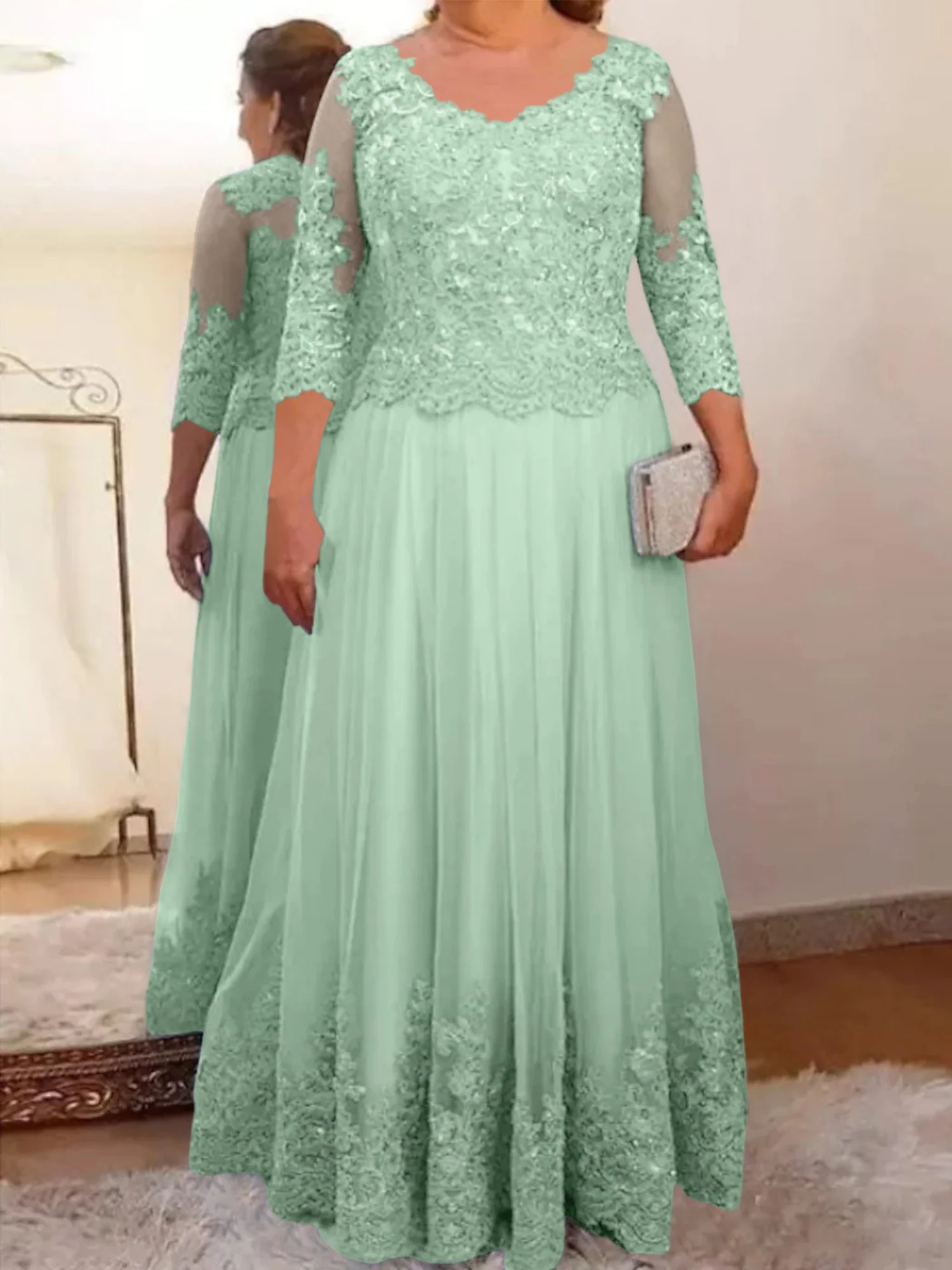 A-Line/Princess Sheer Neck 3/4 Length Sleeves Floor-Length Mother of the Bride Dresses with Applique - Image 71
