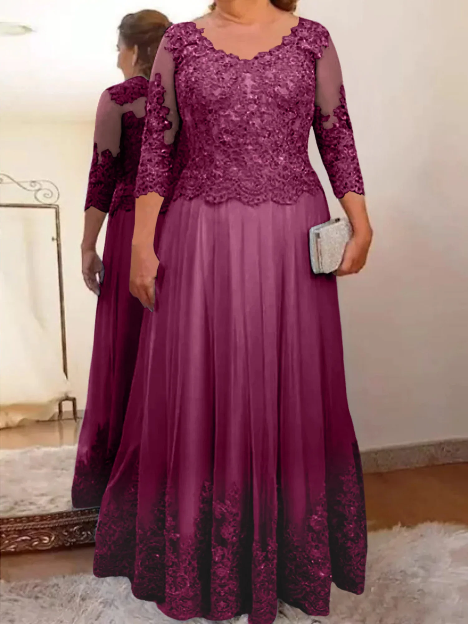 A-Line/Princess Sheer Neck 3/4 Length Sleeves Floor-Length Mother of the Bride Dresses with Applique - Image 72