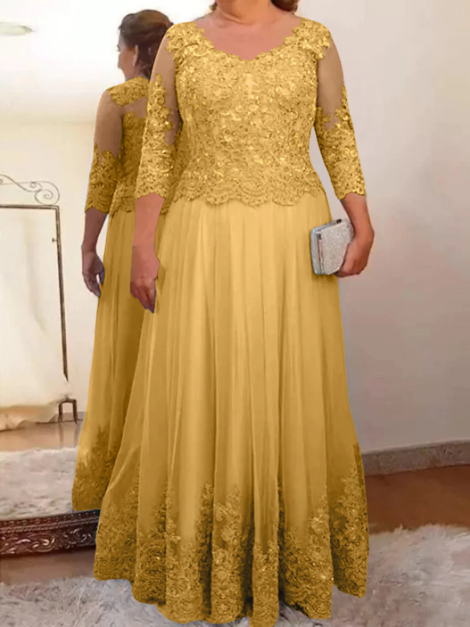 A-Line/Princess Sheer Neck 3/4 Length Sleeves Floor-Length Mother of the Bride Dresses with Applique - Image 73