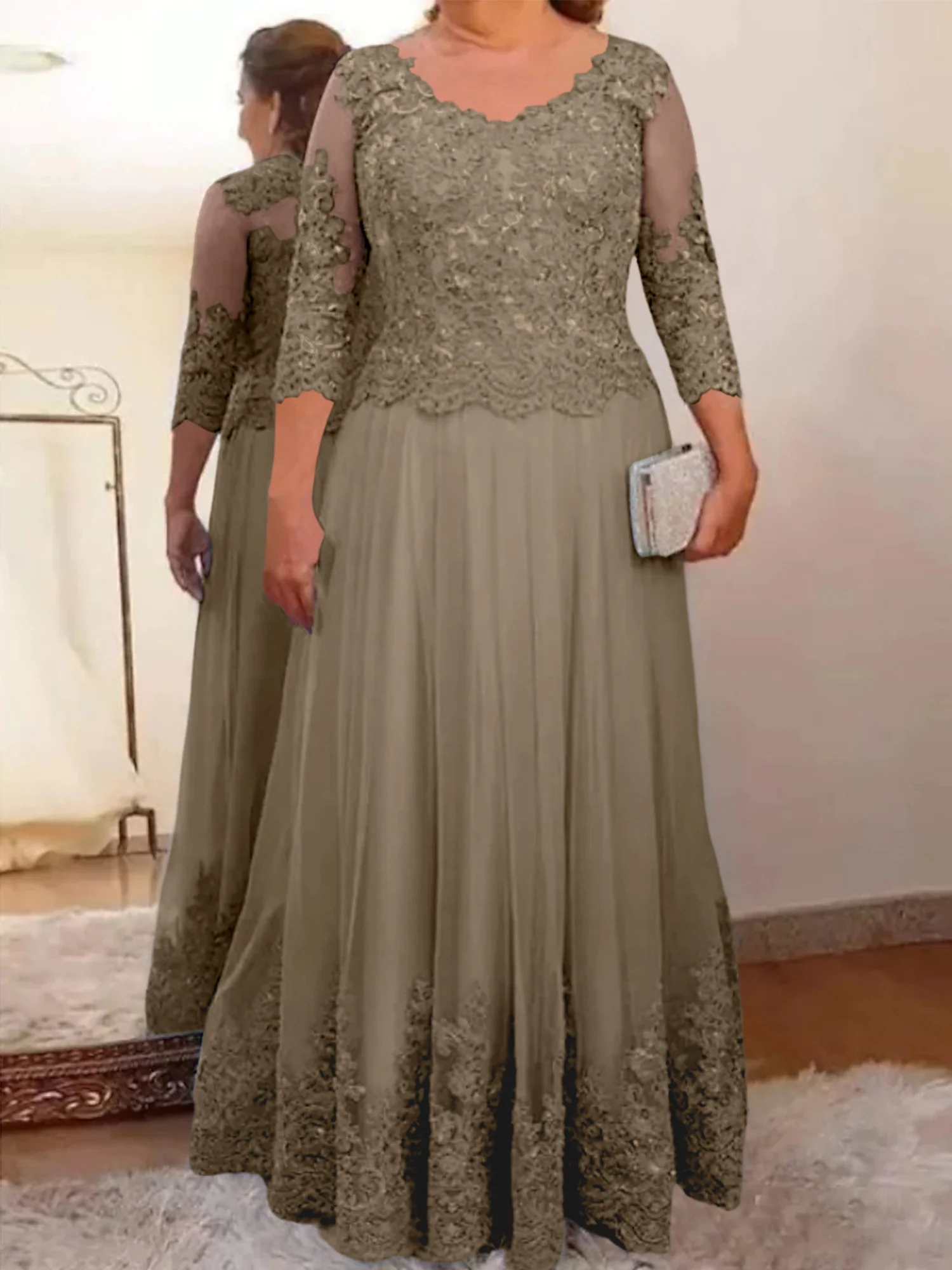 A-Line/Princess Sheer Neck 3/4 Length Sleeves Floor-Length Mother of the Bride Dresses with Applique - Image 74