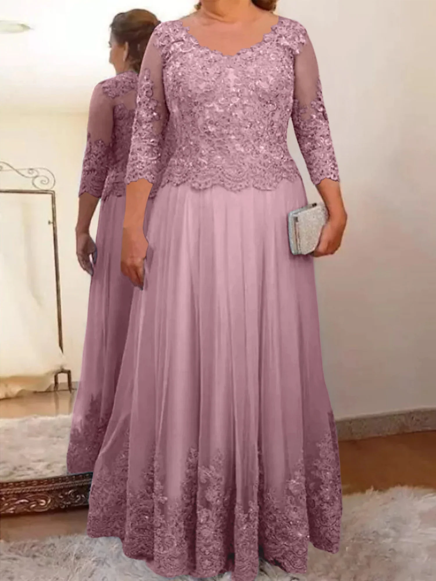 A-Line/Princess Sheer Neck 3/4 Length Sleeves Floor-Length Mother of the Bride Dresses with Applique - Image 8