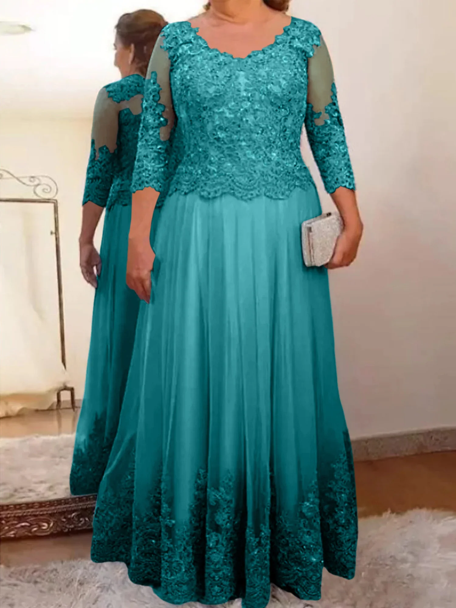 A-Line/Princess Sheer Neck 3/4 Length Sleeves Floor-Length Mother of the Bride Dresses with Applique - Image 9