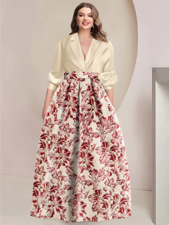 A-Line/Princess Shirt Collar 3/4 Sleeves Printed Flower Plus Size Mother of the Bride & Groom Dresses - Image 6