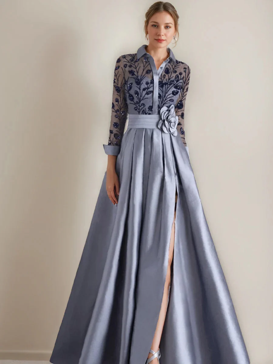 A-Line/Princess Shirt Collar Long Sleeves Floor-Length Mother of the Bride Dresses with Appliques & Flower Belt