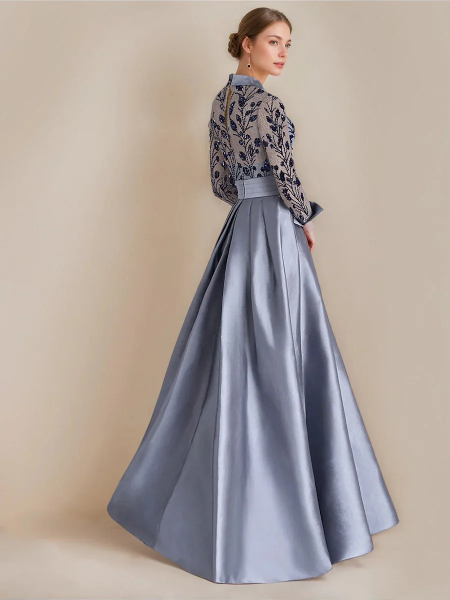 A-Line/Princess Shirt Collar Long Sleeves Floor-Length Mother of the Bride Dresses with Appliques & Flower Belt - Image 2