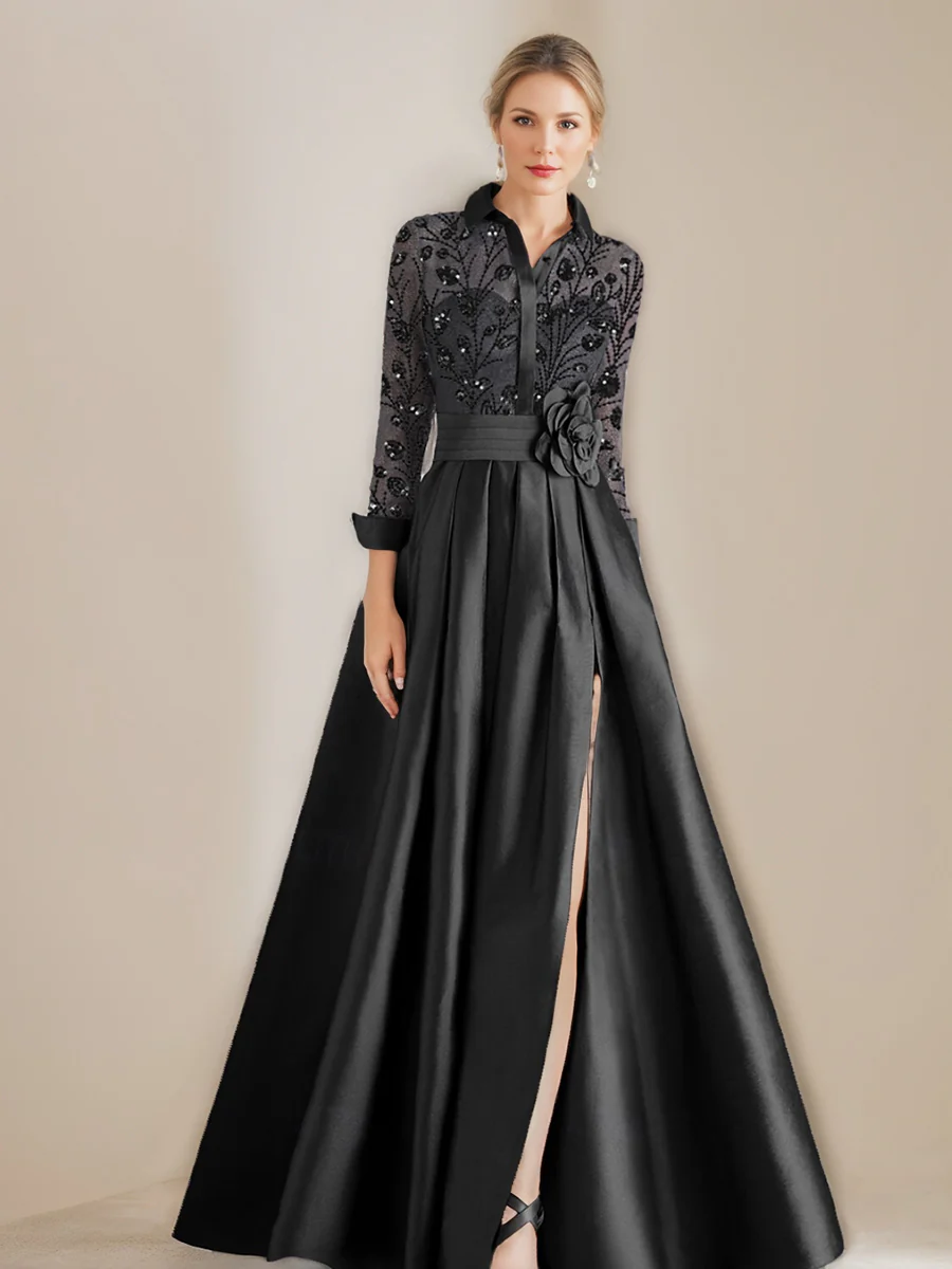 A-Line/Princess Shirt Collar Long Sleeves Floor-Length Mother of the Bride Dresses with Appliques & Flower Belt - Image 3