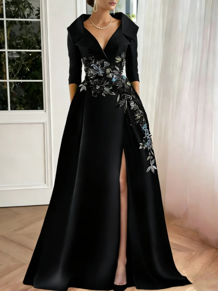 A-Line/Princess Shirt Collar Satin Mother of the Bride Dresses Half Sleeves Floral Sequins Lace Floor-Length with Split Side - Image 5