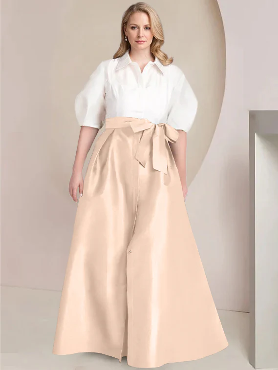 A-Line/Princess Shirt Collar Short Sleeves Floor-Length Plus Size Mother Of The Bride Dresses with Bowknot - Image 15