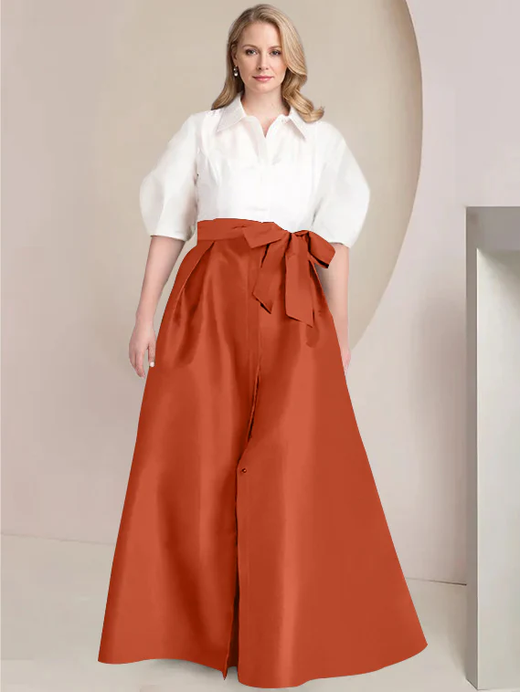 A-Line/Princess Shirt Collar Short Sleeves Floor-Length Plus Size Mother Of The Bride Dresses with Bowknot - Image 17