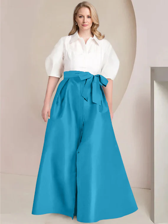 A-Line/Princess Shirt Collar Short Sleeves Floor-Length Plus Size Mother Of The Bride Dresses with Bowknot - Image 23