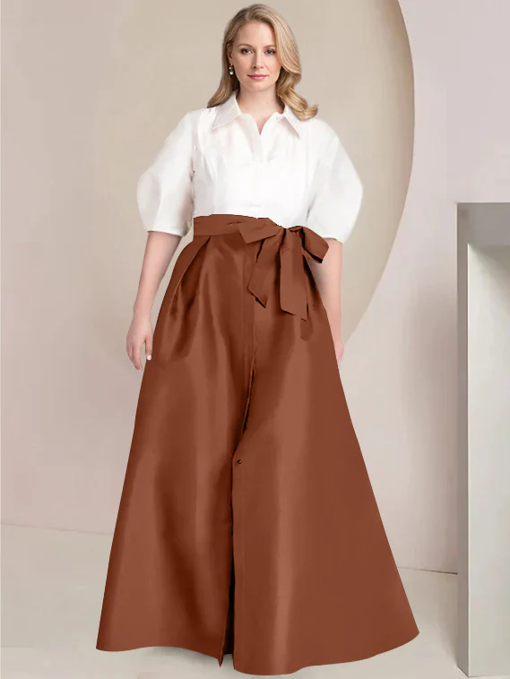 A-Line/Princess Shirt Collar Short Sleeves Floor-Length Plus Size Mother Of The Bride Dresses with Bowknot - Image 25
