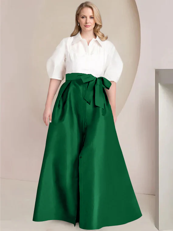 A-Line/Princess Shirt Collar Short Sleeves Floor-Length Plus Size Mother Of The Bride Dresses with Bowknot - Image 28